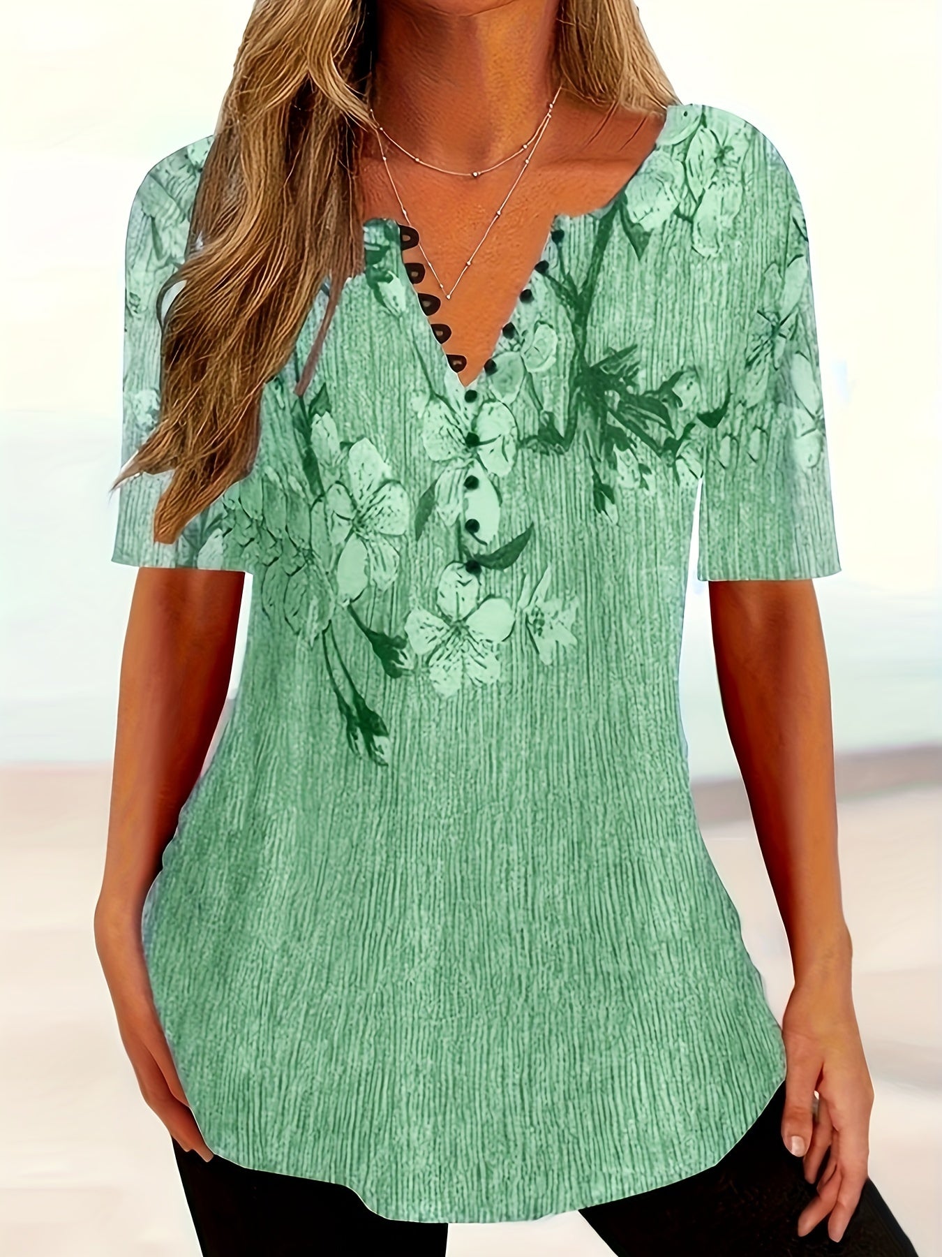 Floral Print Button Front T-shirt, Casual Short Sleeve Summer T-shirt, Women's Clothing