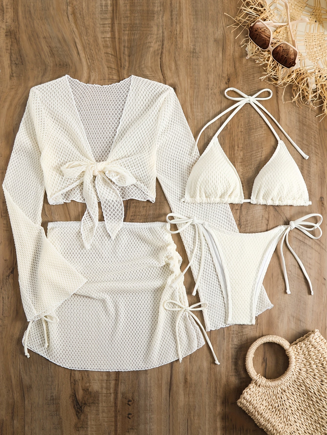 Lauvoco Women'S 4pcs Swimwear Set, 2024 New Solid Color Off-Shoulder Cover-Up, Sheer Mesh Skirt, Bikini, Polyester 82%, Elastane 18%, High Stretch Knit Fabric, Lace-Up Detail, Sleeveless, for Swimming