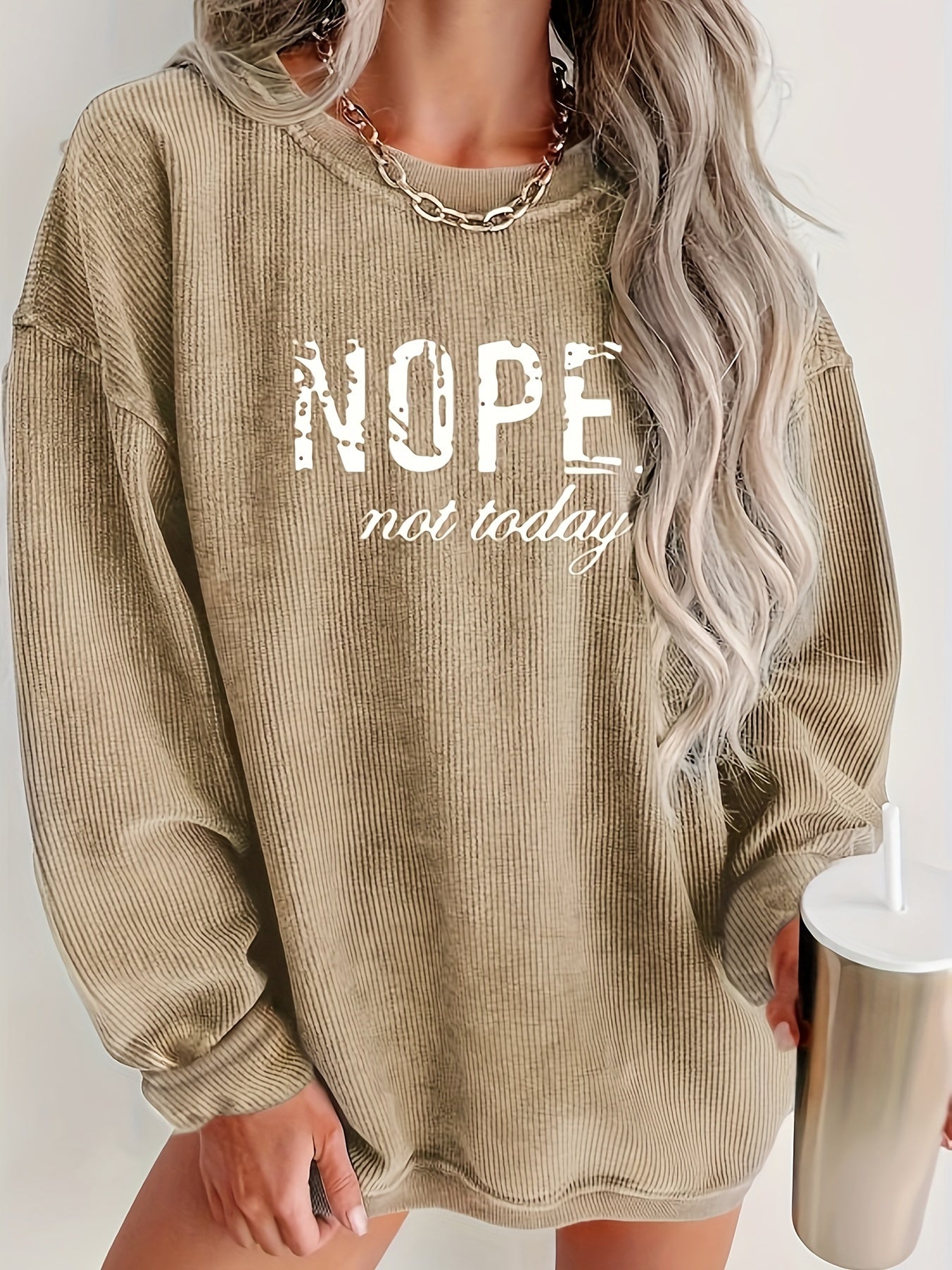Women'S Casual Crew Neck Long Sleeve Top with "NOPE not today" Print, 100% Polyester, Woven Fabric, 210g/m², All-Season Comfort Fit