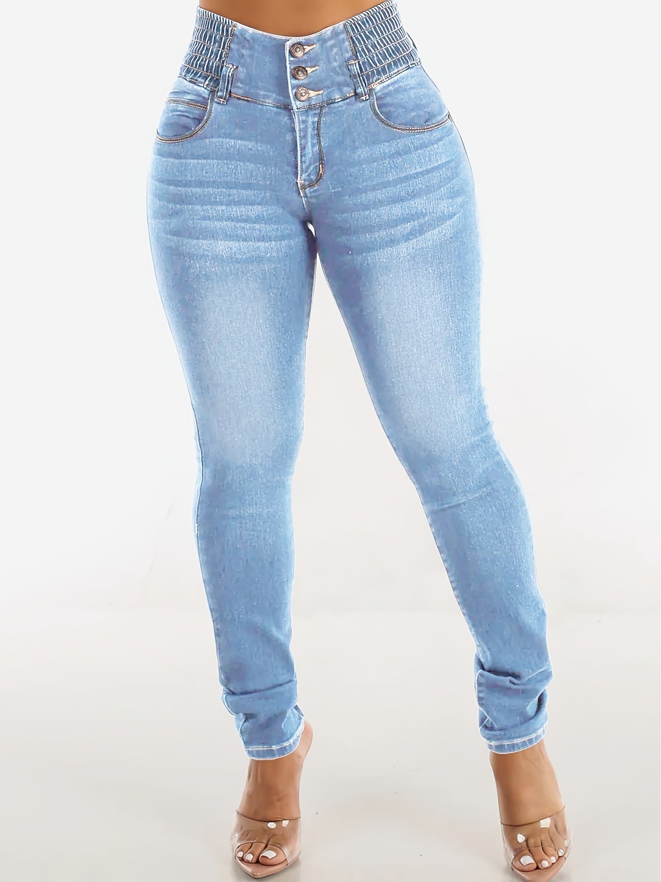High-Waisted Three-Button Flared Jeans with Built-in Waistband and Sexy Butt Lift