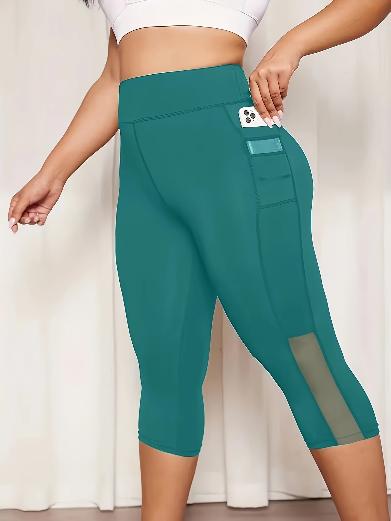 Plus Size Mesh Seven-Split Pants with Pockets, High-Waisted Tummy Control Workout Running Yoga Leggings, Women's Sportswear
