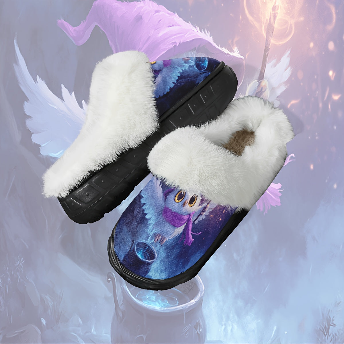1 Pair Women's Enchanted Owl Wizardry Magical Slippers - Plush Soft Plush Slip-On Indoor/Outdoor House Shoes with Non-Slip EVA Sole, Cozy Warm Lining & Wizard Owl Design (Purple/Blue/Pink) - All-Season Comfort for Halloween, Christmas, Fantasy-Themed Eve