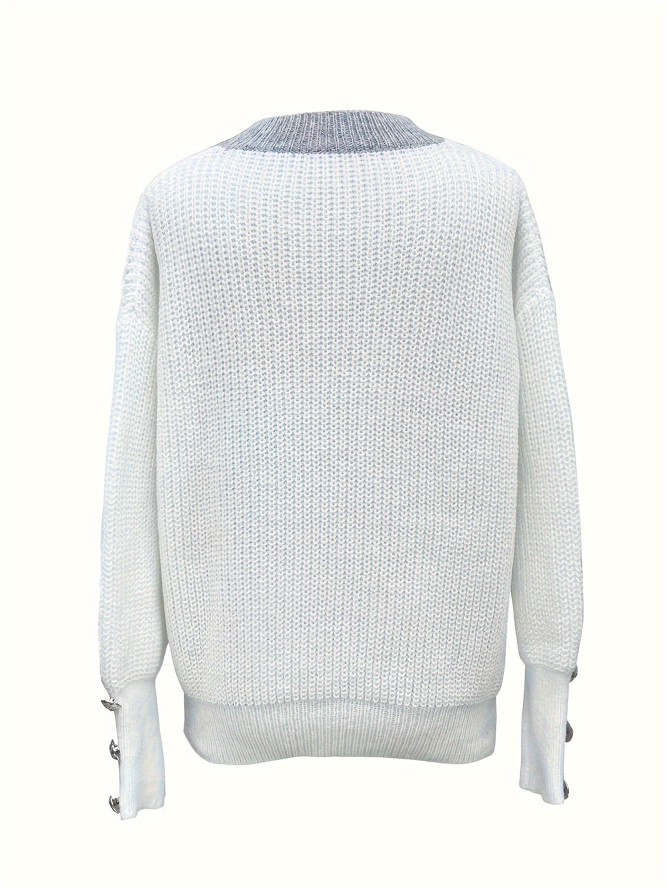Women's Casual V-Neck Button-Front Sweater with Decorative Buttons & Ribbed Cuffs - Soft Pullover for Fall/Winter, Solid Color Cozy Top, Winter Comfort Clothing, Stylish Vneck, Textured Knitwear