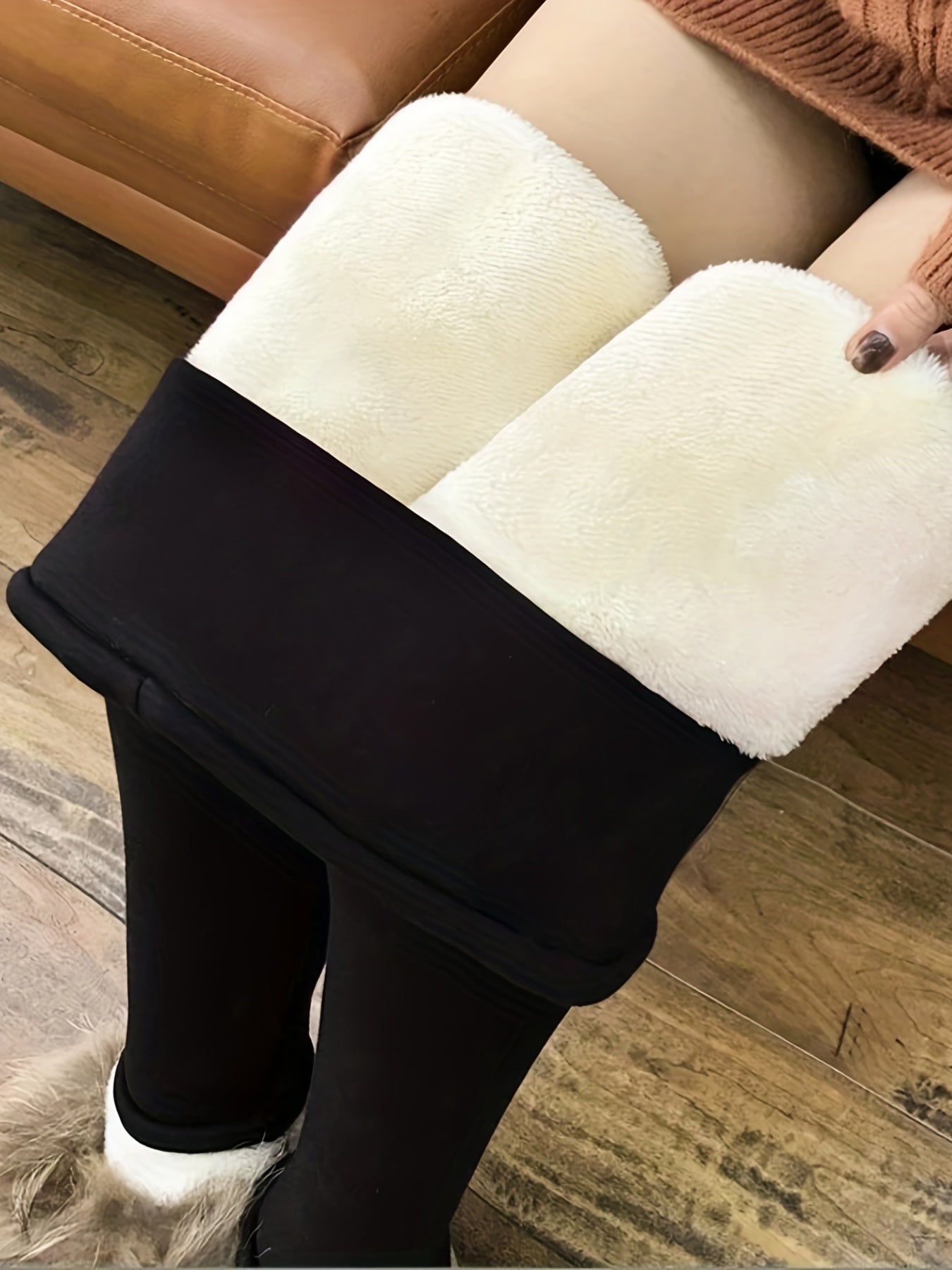 Women'S High-Waisted Leggings, 88% Polyester 12% Elastane, Stretch Knit Fabric, Solid Color, Long Length, Street Style, Fall/Winter Warm Leggings with Fake Buttons Detail