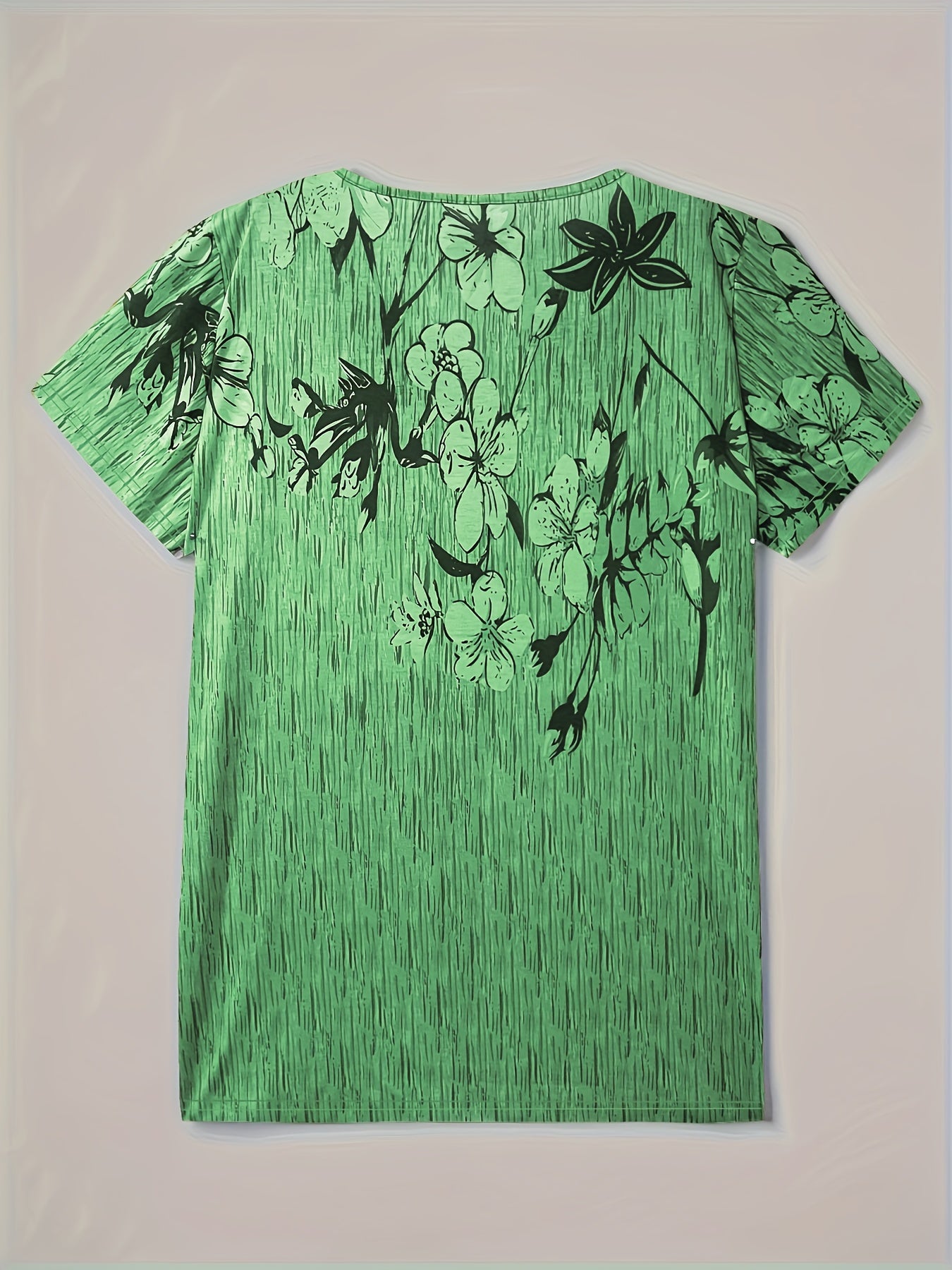 Plus Size Casual T-shirt, Women's Plus Floral Print Short Sleeve Round Neck Slight Stretch Henley T-shirt