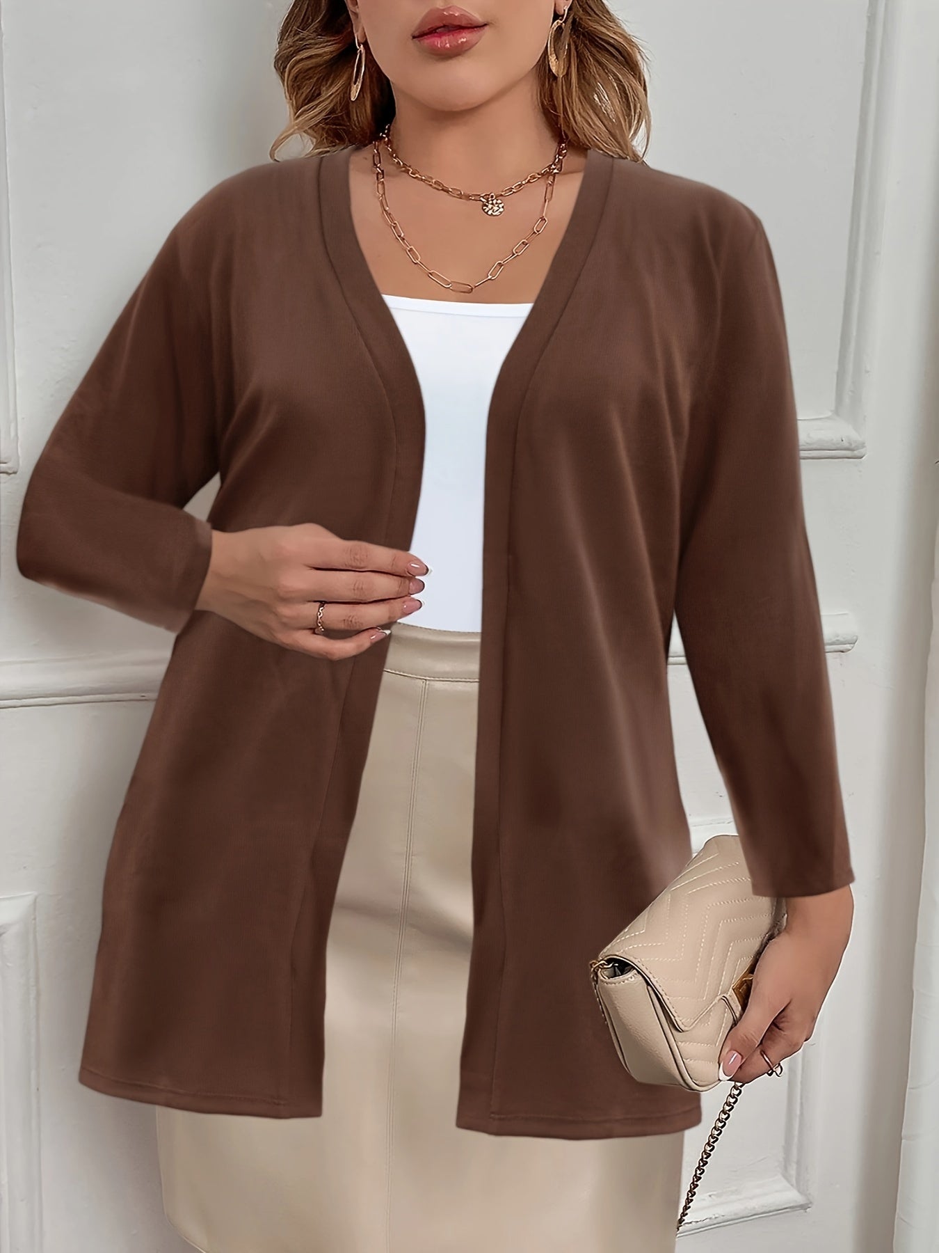 Plus Size - Women'S Plus Size Long Sleeve Cardigan - Elegant Mid-Length Open Front Sweater, Solid Color, Lightweight & Warm for Fall/Winter, Versatile Layering Piece, Casual Elegance, Relaxed Fit, Soft Texture, Casual Wear