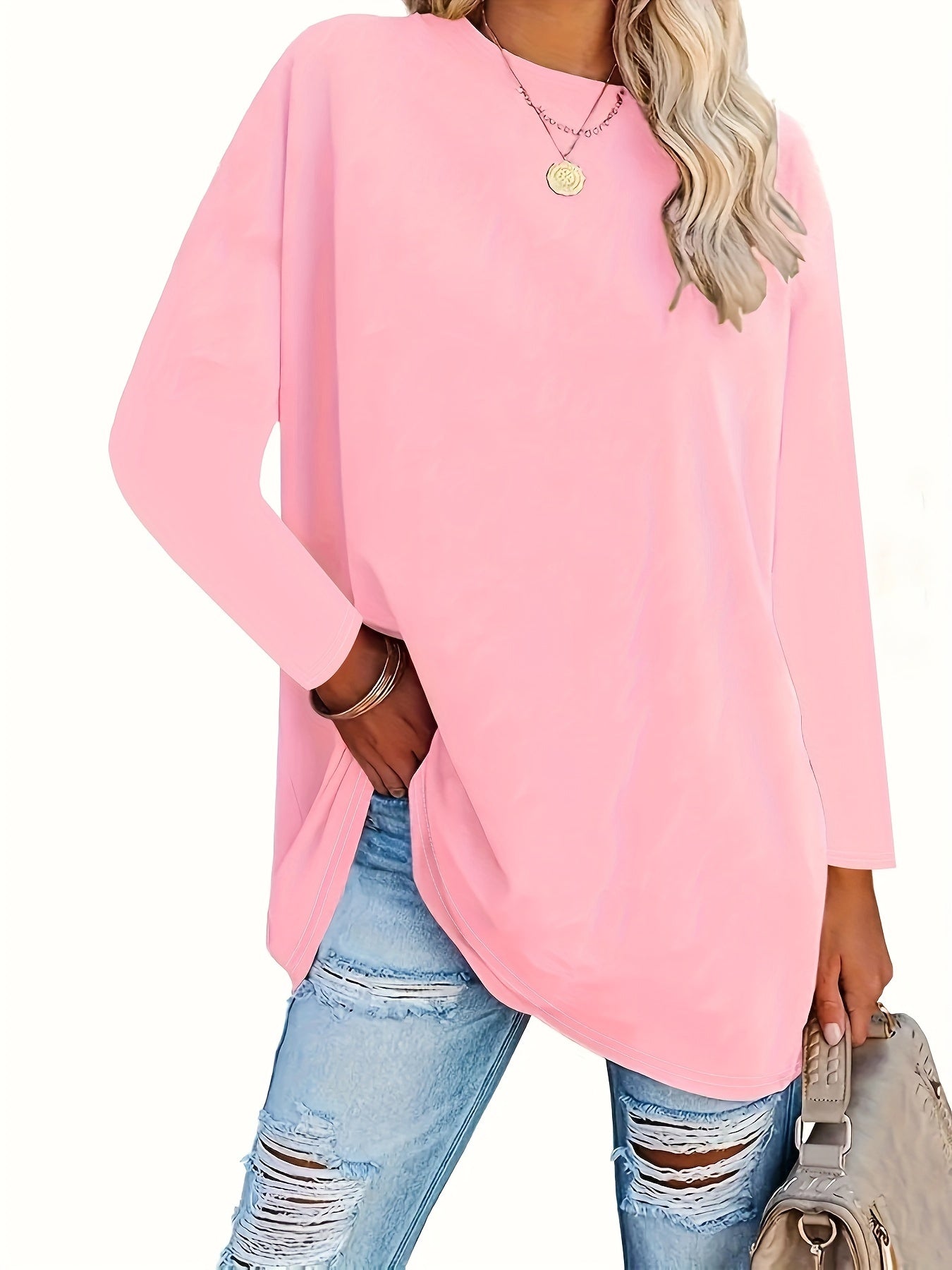 Plus Size Women's Casual Long Sleeve Round Neck Pullover Top - Soft Stretchy, Relaxed Fit Solid Color, Machine Washable Autumn Winter Comfort Wear, Daily Fashion, Oversized Fashion, Pullover Style
