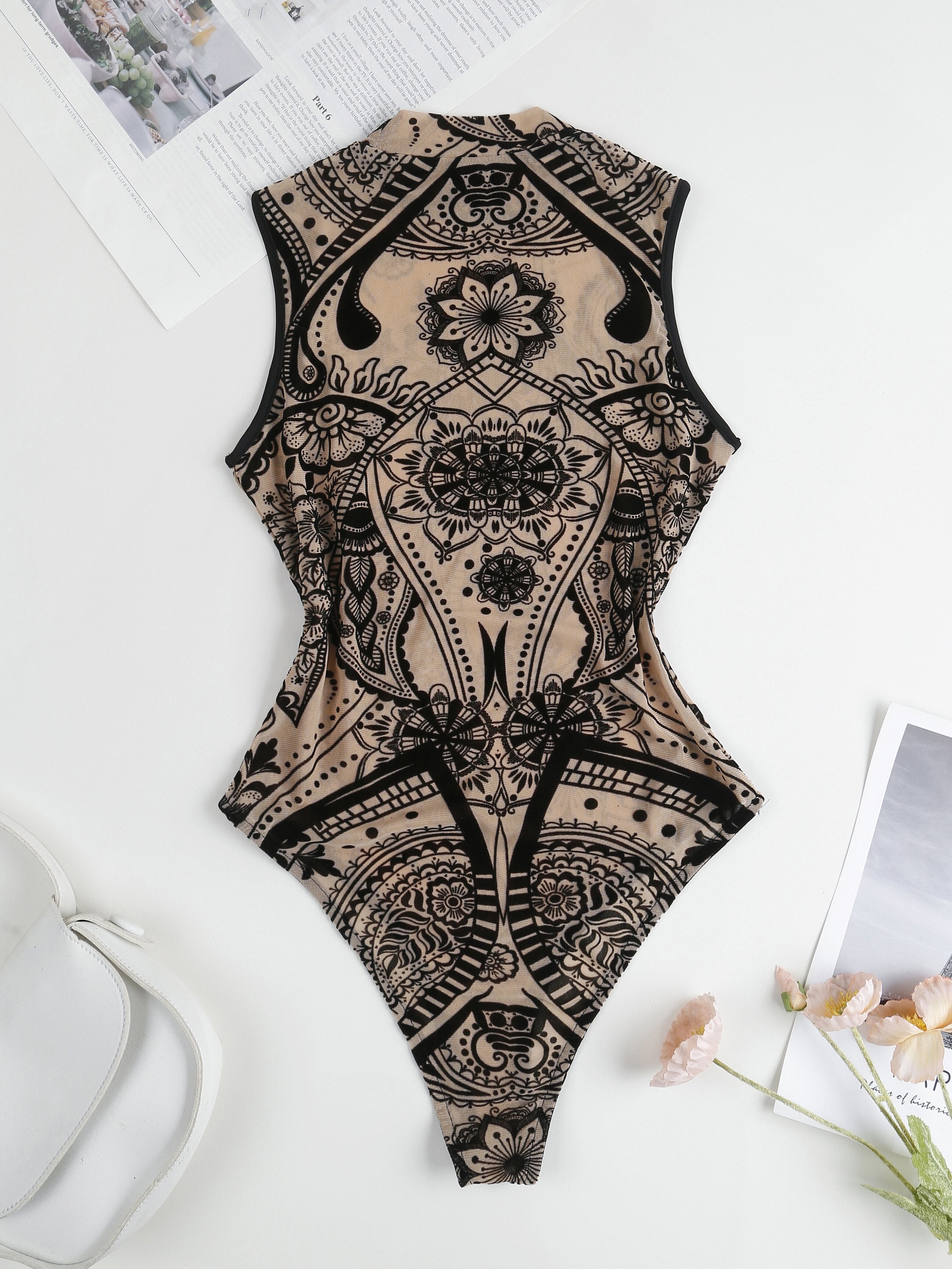 Women's Y2K Tropical Floral Print Sheer Mesh Sleeveless Bodysuit - High Elasticity Slim Fit, Breathable & Machine Washable for Casual or Formal Wear, Seamlessbodysuit, Versatile Fashion, Sophisticated Style, Stretchy Fabric
