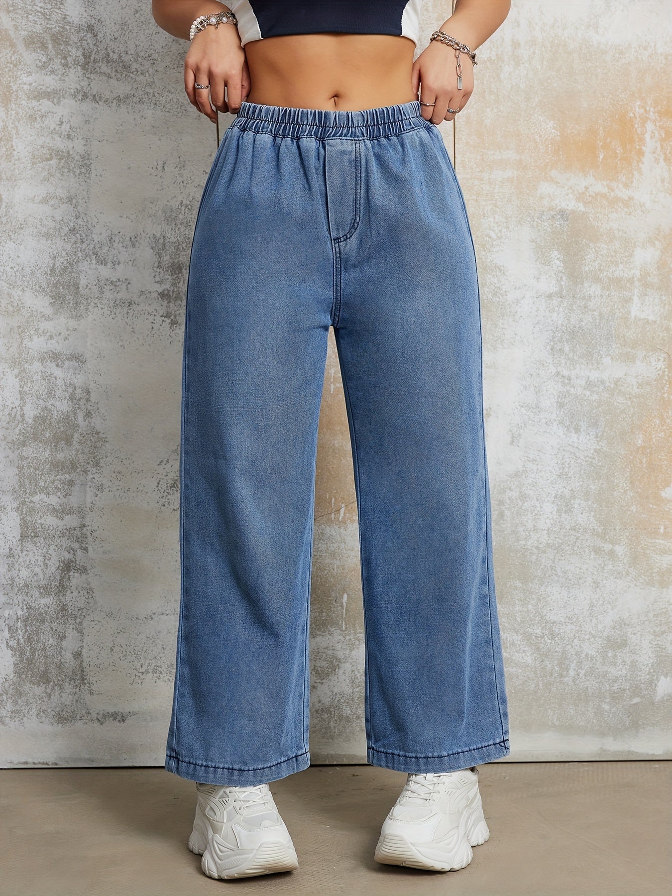 Elastic Waist Loose Fit Denim Pants, Plain Washed Blue Wide Leg Jeans, Women's Denim Jeans & Clothing For Fall