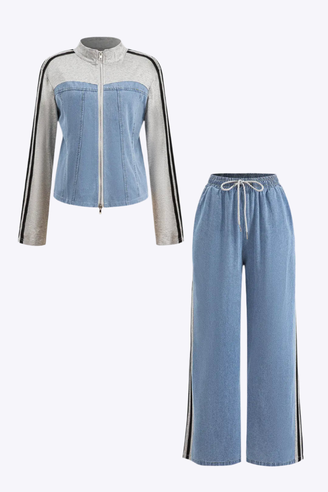 Evangeline – Stilfuld lynlås denim dame top & brede bukser-Sets-Zuruz-Lysegrå-S-Zuruz