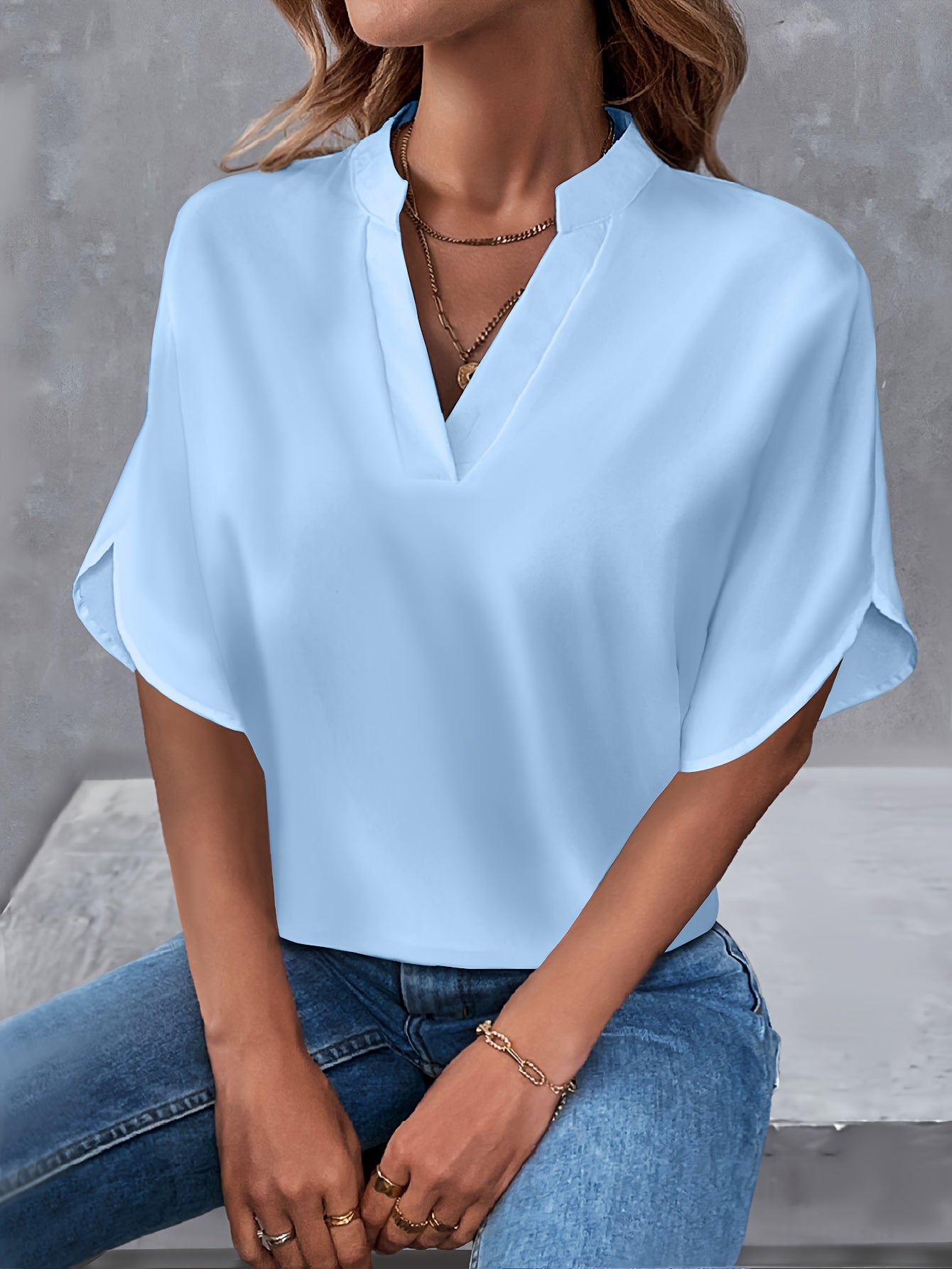 Solid Color Notch Neck Blouse, Casual Short Split Sleeve Blouse For Spring & Summer, Women's Clothing
