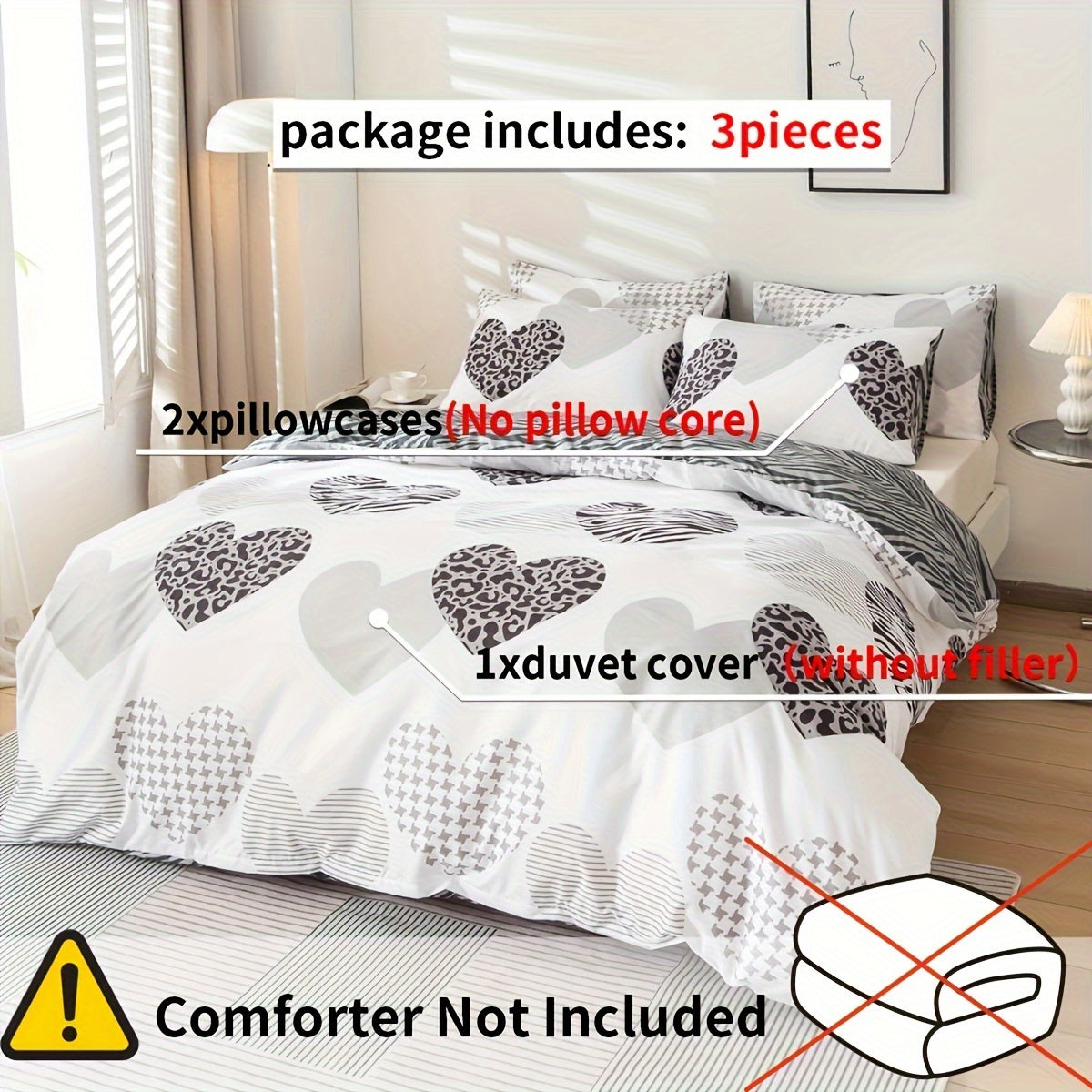 3pcs Chic Leopard & Heart Print Bedding Set - Soft Polyester Duvet Cover & 2 Pillowcases, Zip Closure, Machine Washable - Versatile for All Seasons, White with Black & Brown Accents, Bed Accessories