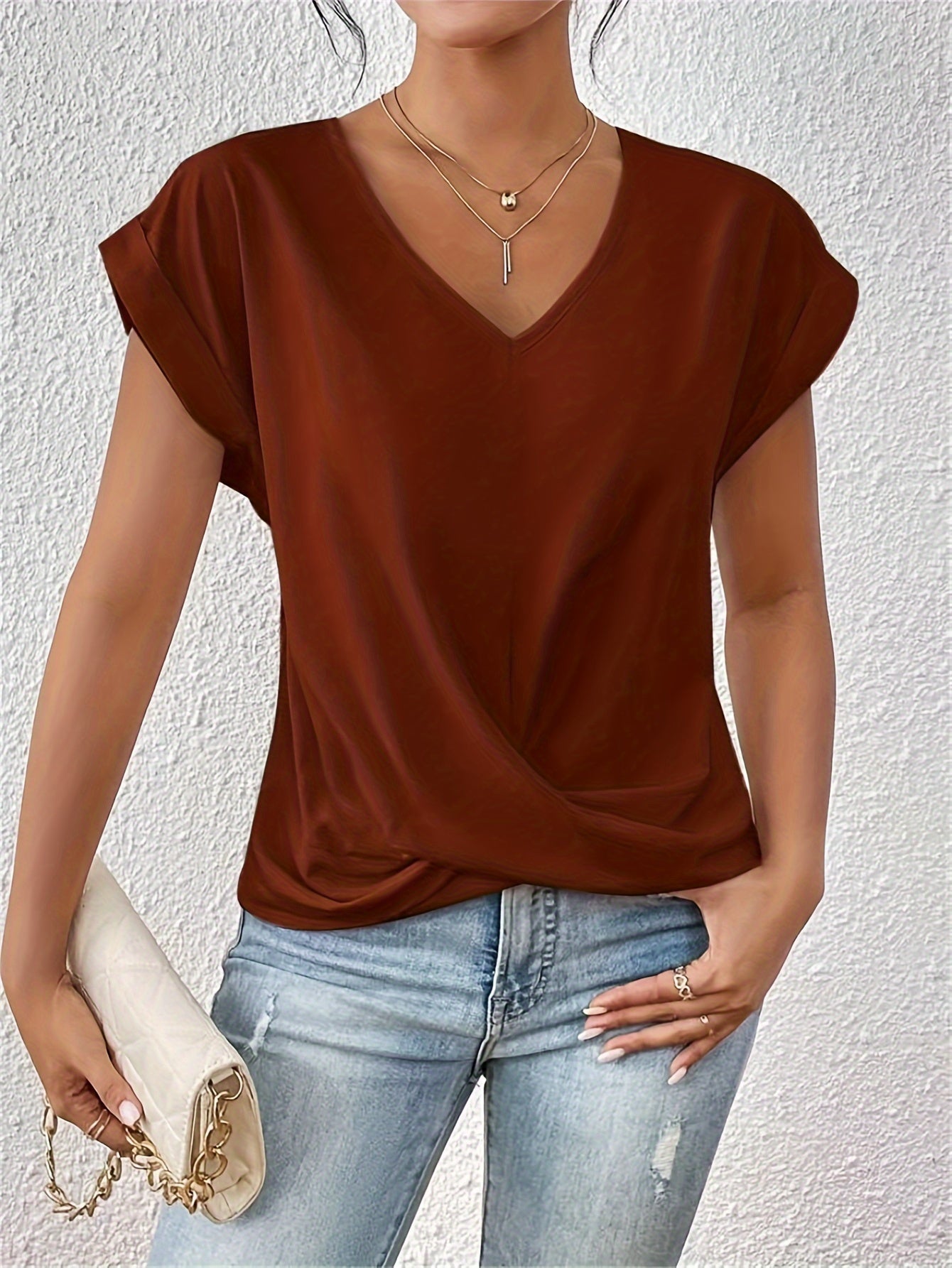 Women'S Sweetheart Neckline Short Sleeve T-Shirt - Solid Color, Regular Length, Summer Casual Top with Cross-Back Straps, Sweetheart Necklace