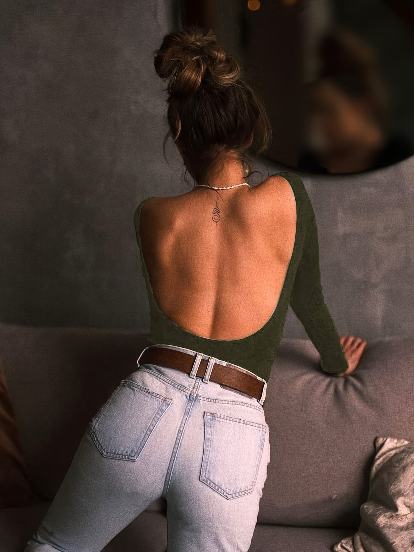 Solid Color Backless Bodysuit, Sexy Long Sleeve Bodysuit For Spring & Fall, Women's Clothing