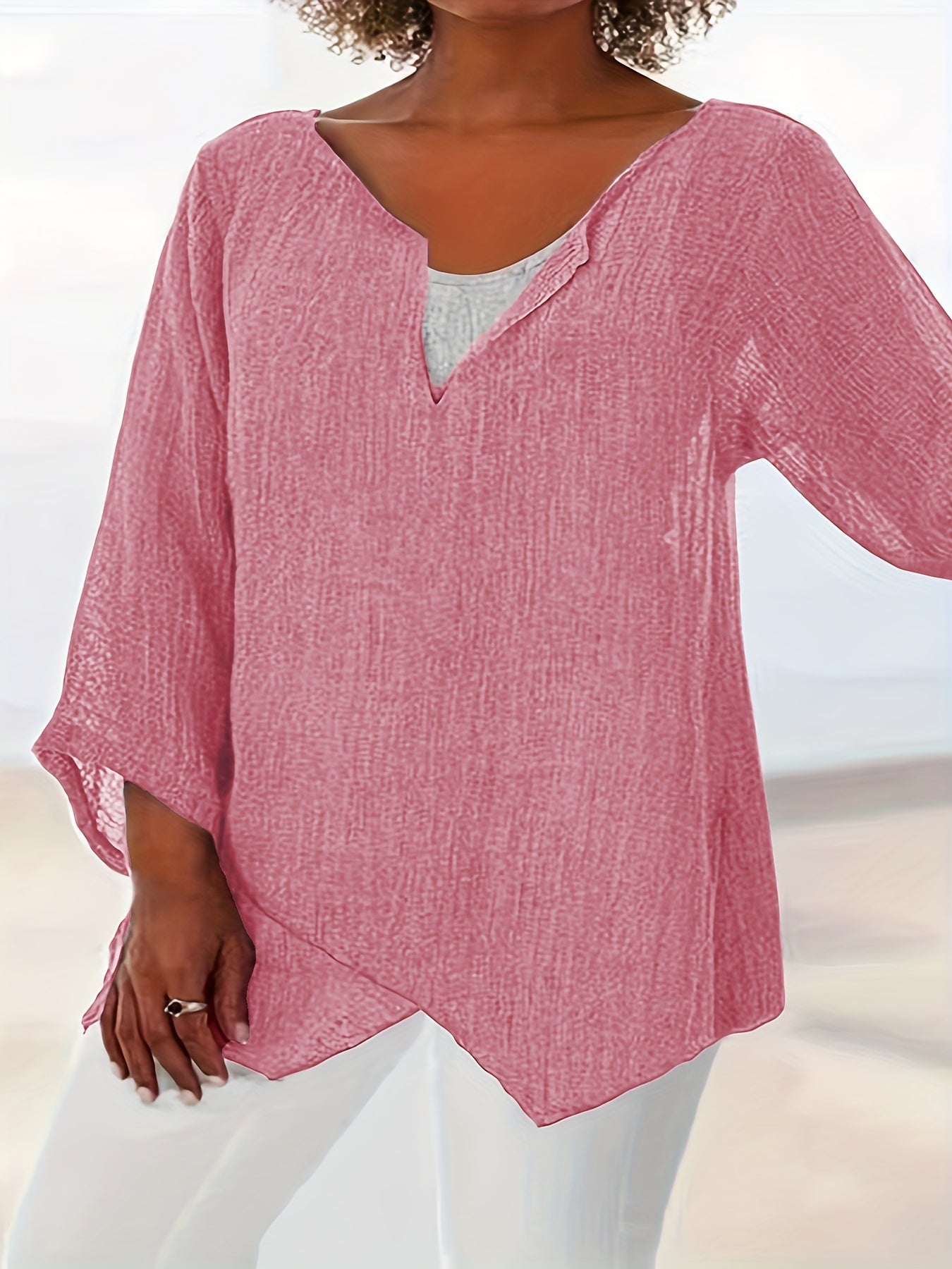 Plus Size Women's V-Neck Sleeve Blouse - Lightweight Semi-Sheer Casual Top with Asymmetrical Hem, Machine Washable Solid Color Shirt for Spring & Fall, Relaxed Fit Clothing, Nonelastic Fabric