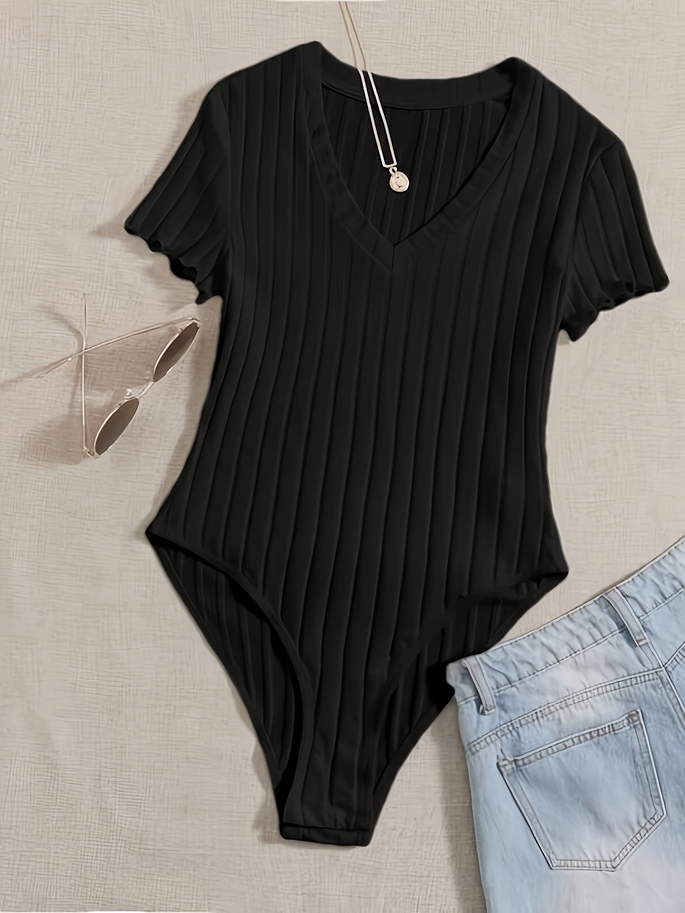 Solid Color Black and White Bodysuit with Short Sleeves for Women, Body Shaping Base Layer Top