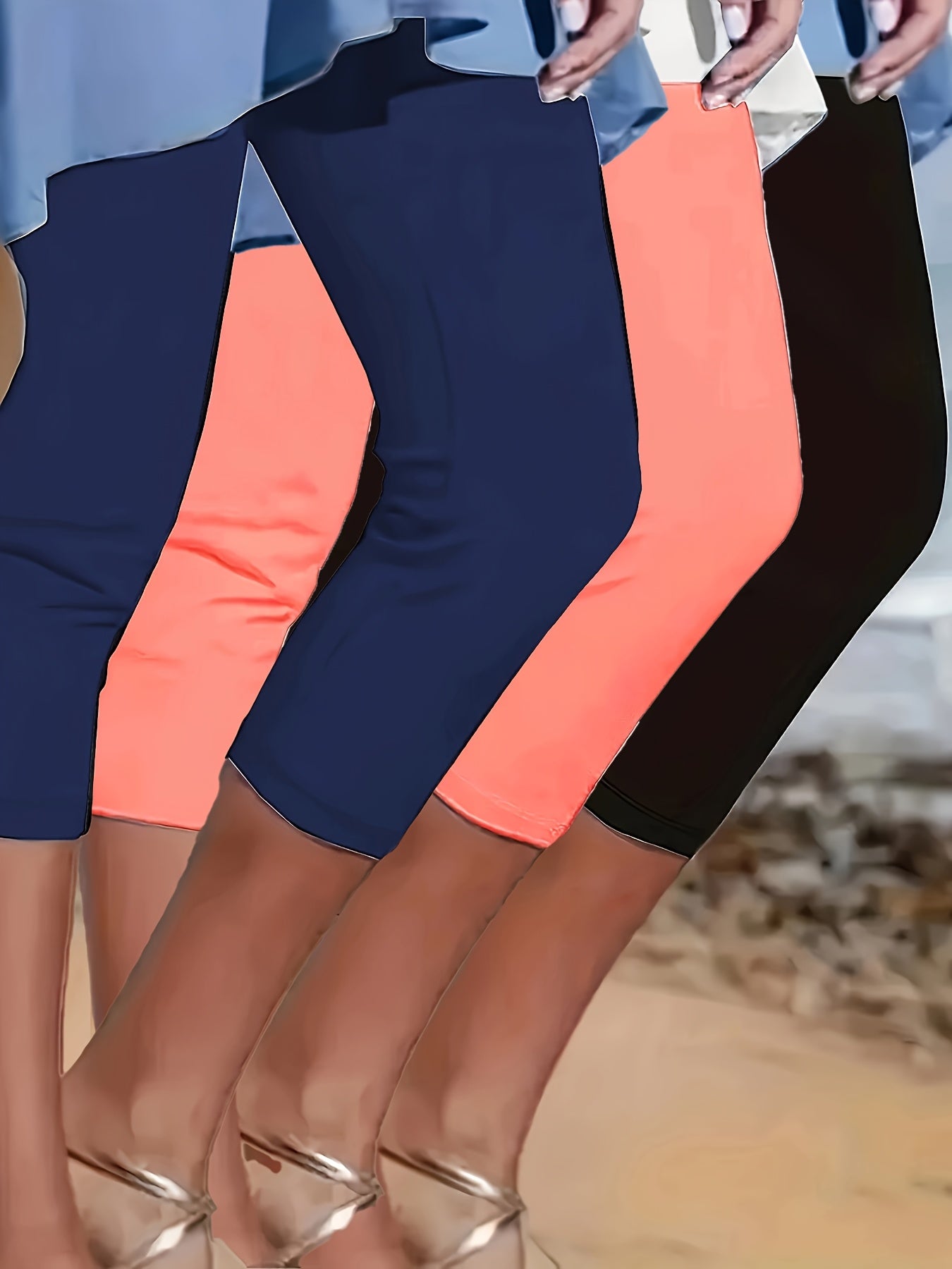 3pcs Women'S High-Waisted Capri Yoga Pants - Stretchy, Breathable & Comfortable for Fitness, Running & Pilates, Solid Color (Black, White, Navy Blue), Polyester Fabric, All-Season Wea