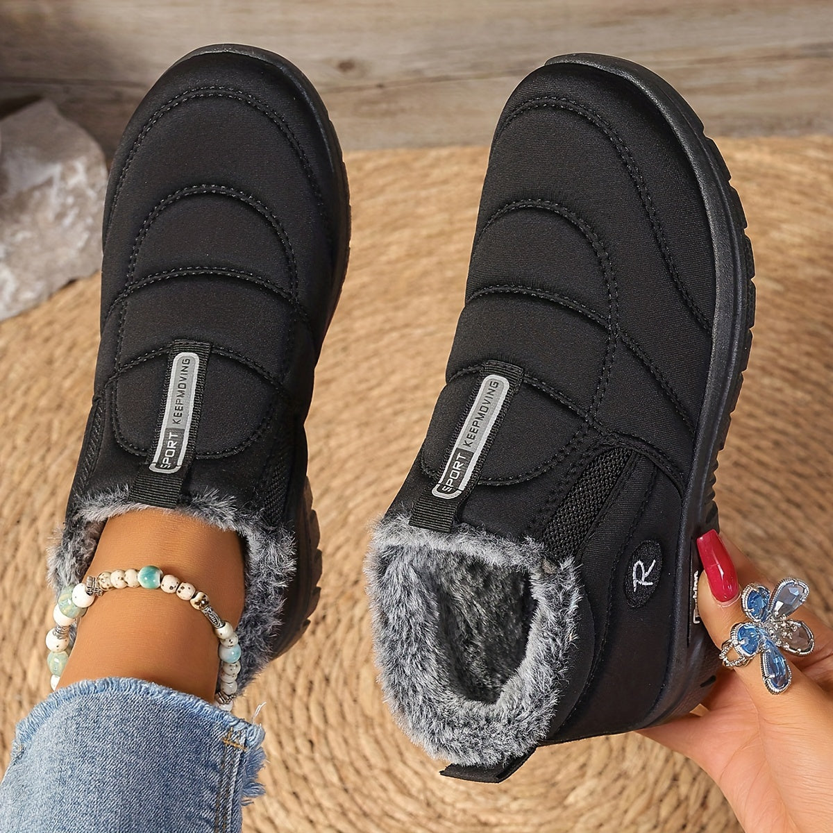 Dames Ankelstøvler Med Plysforing Slipon Sort Vinter Casual