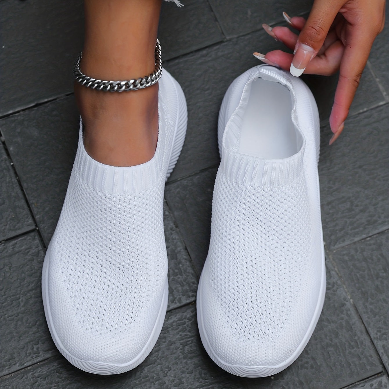 Women's Solid Color Flying Woven Sneakers, Casual & Breathable Slip On Outdoor Shoes, Lightweight Low Top Running Shoes plus size