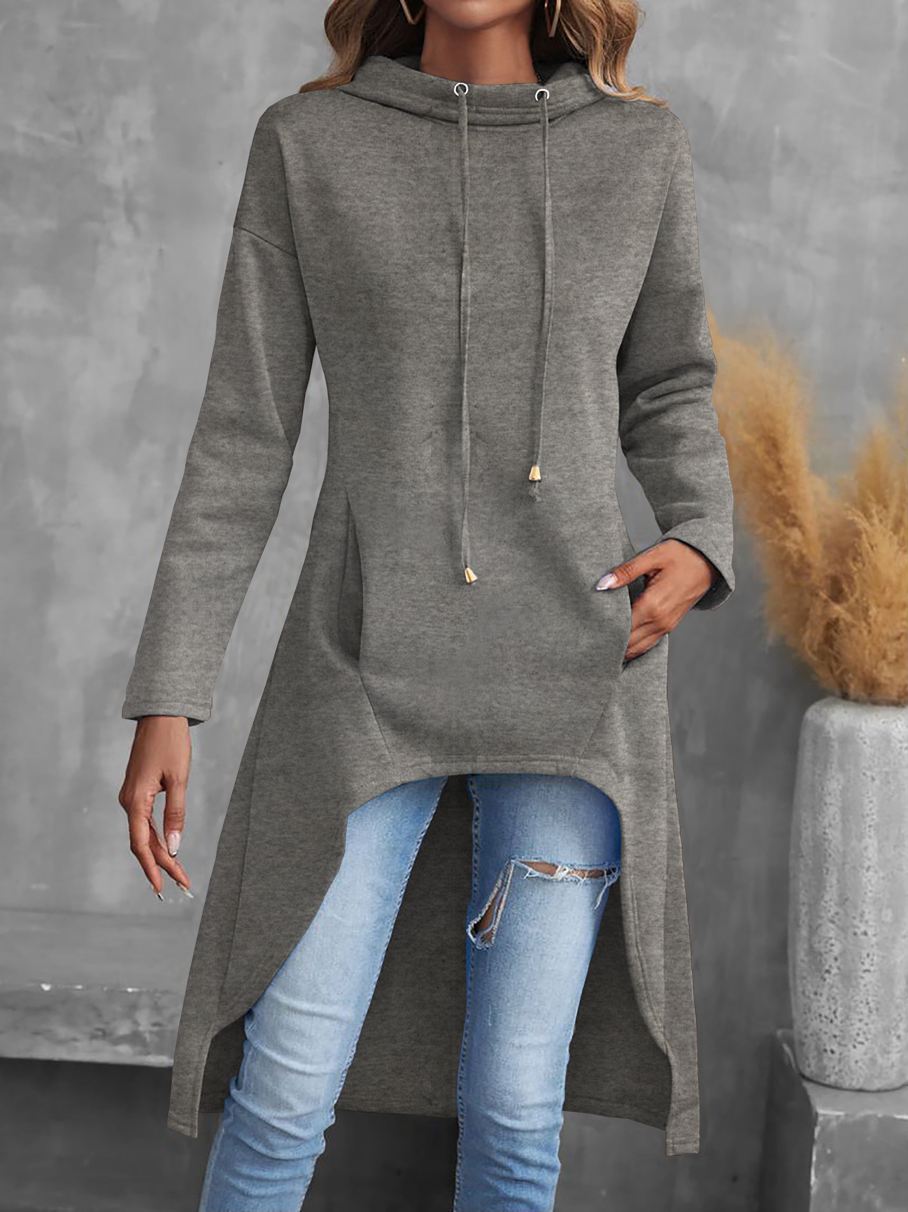 Solid Color Hig-low Hoodie, Casual Long Sleeve Drawstring Hoodie Sweatshirt, Women's Clothing