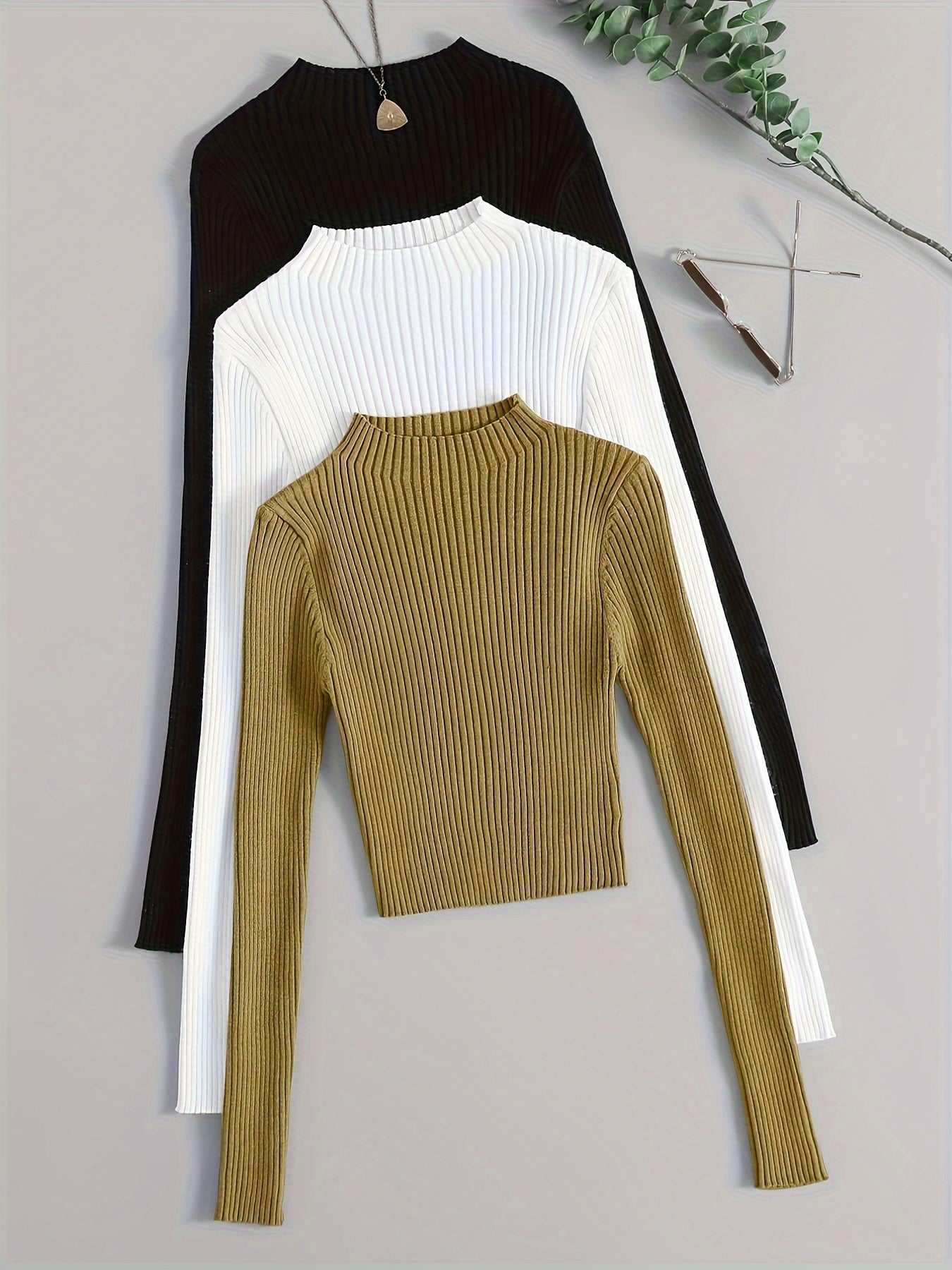 3pcs Set Stand Collar Ribbed Base Layer Stretch Plain Color Versatile Vintage