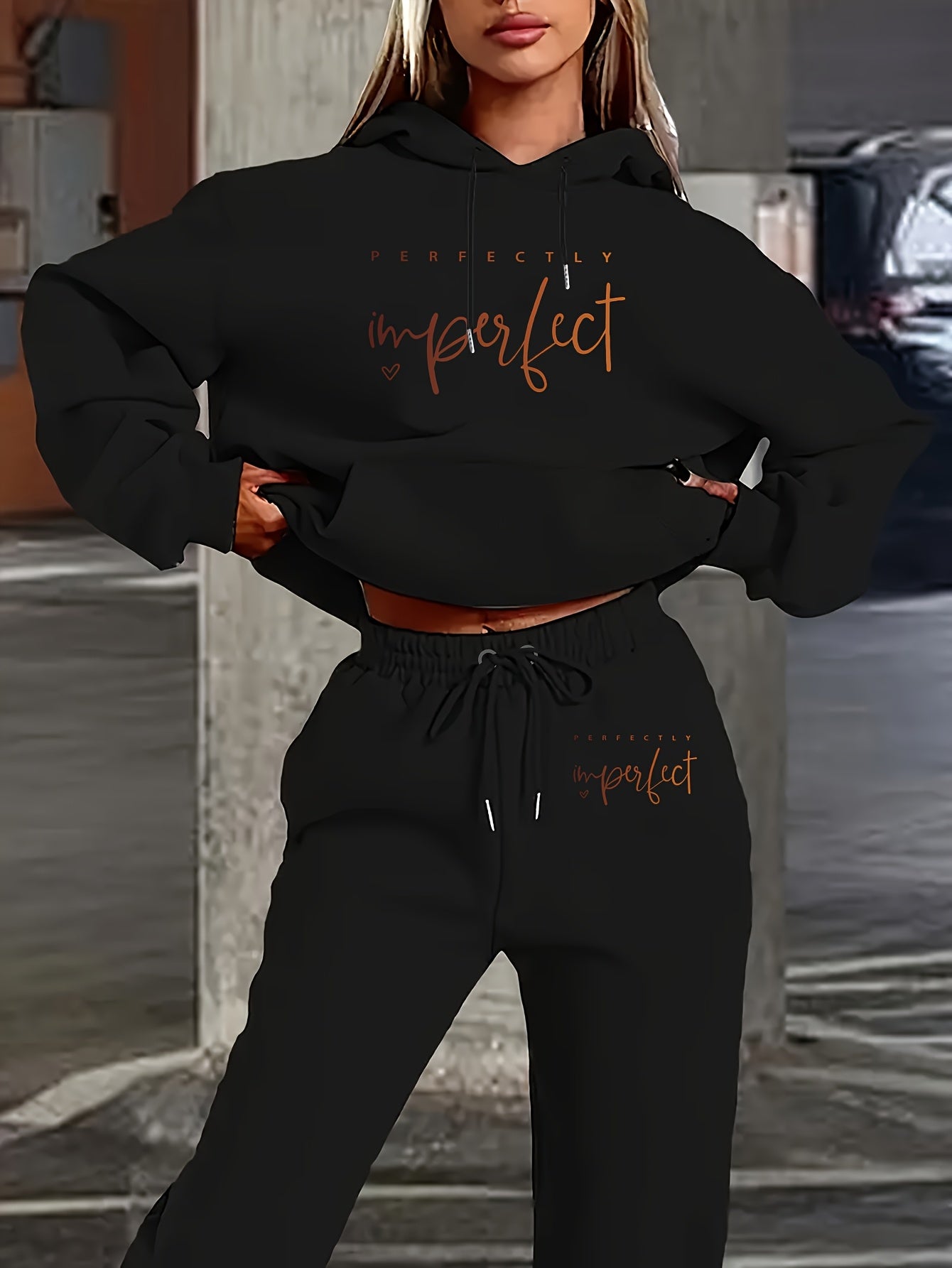 1 Set Women'S Casual Polyester Two-Piece Loungewear, Fall/Winter Knit Fabric Hoodie with Pocket & Drawstring Pants, Letter Print "Perfectly Imperfect" Design