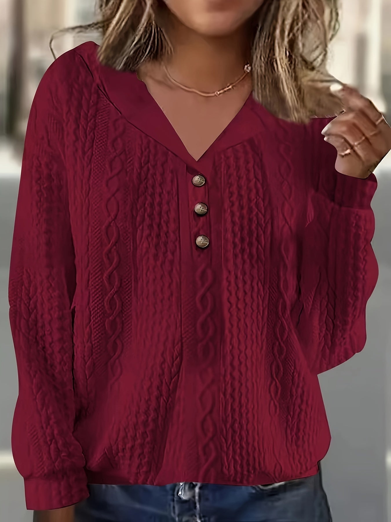 Plus Size Casual Sweatshirt, Women's Plus Solid Jacquard Long Sleeve Henley Hooded Sweatshirt