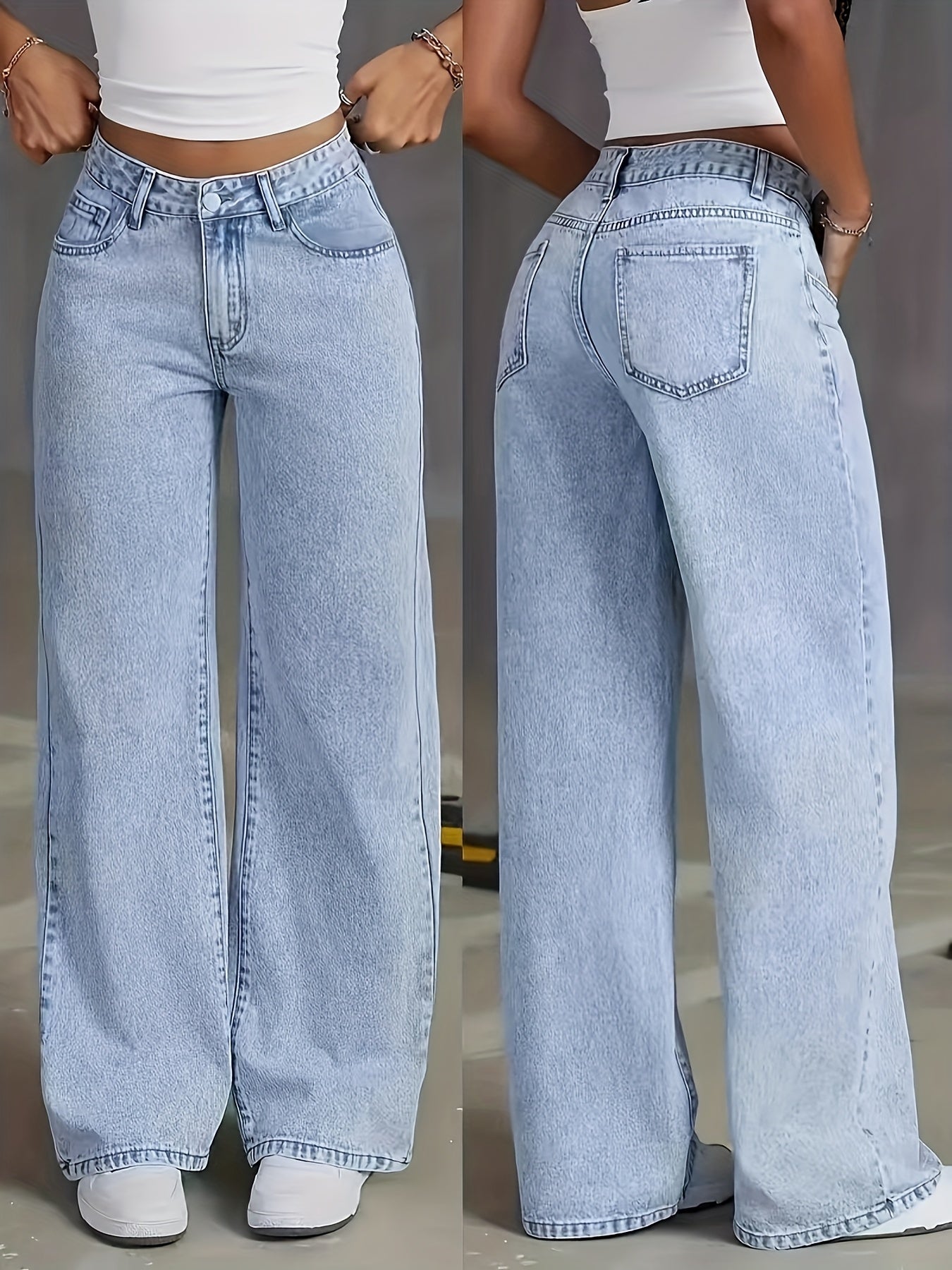 Women'S Light Blue Wide Leg Denim Jeans - Casual Loose Fit with Button Fly, Non-Stretch Fabric, Long Length for Weekend Wear, All-Season Comfort, Jeans for