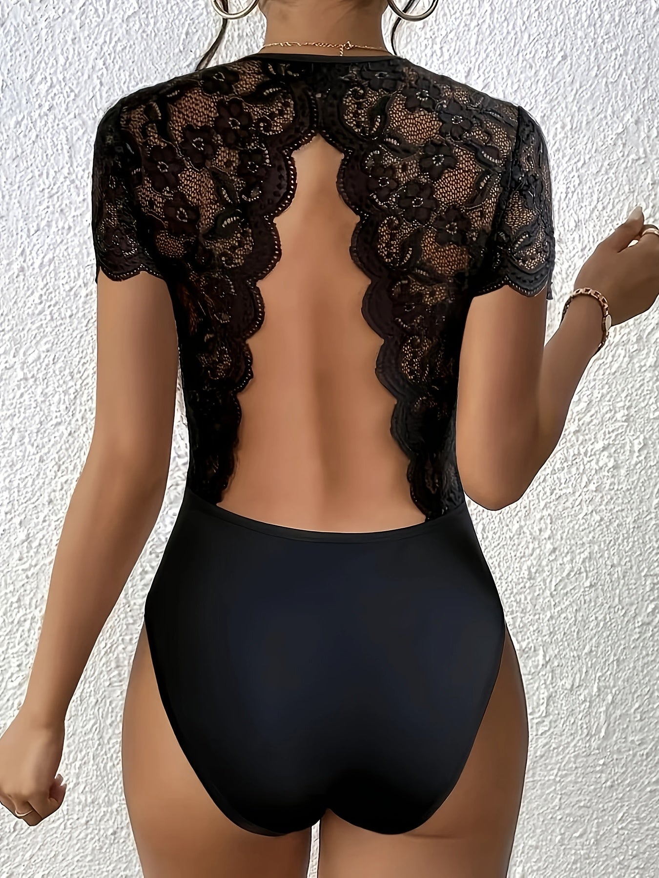 Contrast Lace Backless Bodysuit, Y2K Crew Neck Short Sleeve Bodysuit For Spring & Summer, Women's Clothing