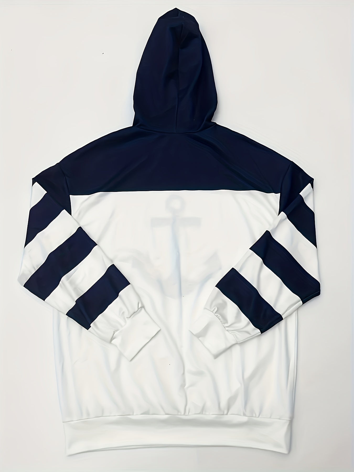 Plus Size - Women'S Navy Blue & White Striped Hoodie with Anchor Print - Casual Round Neck Jogger Sweatshirt, Comfortable Loose Fit for Spring & Fall, Pullover|Striped Pattern Top|Comfortable Fit