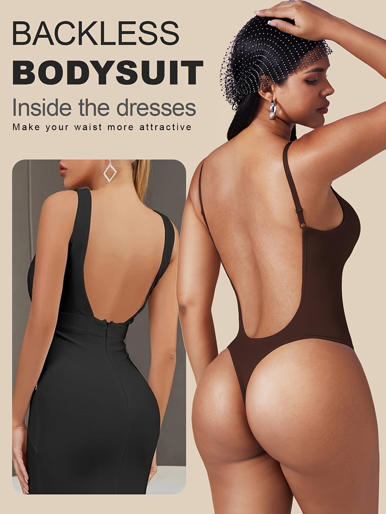 1pc Women's Backless Thong Bodysuit Tummy Control Invisible Shapewear - Seamless Waist Shaping for Under Dresses and shapewear & Wedding TE211