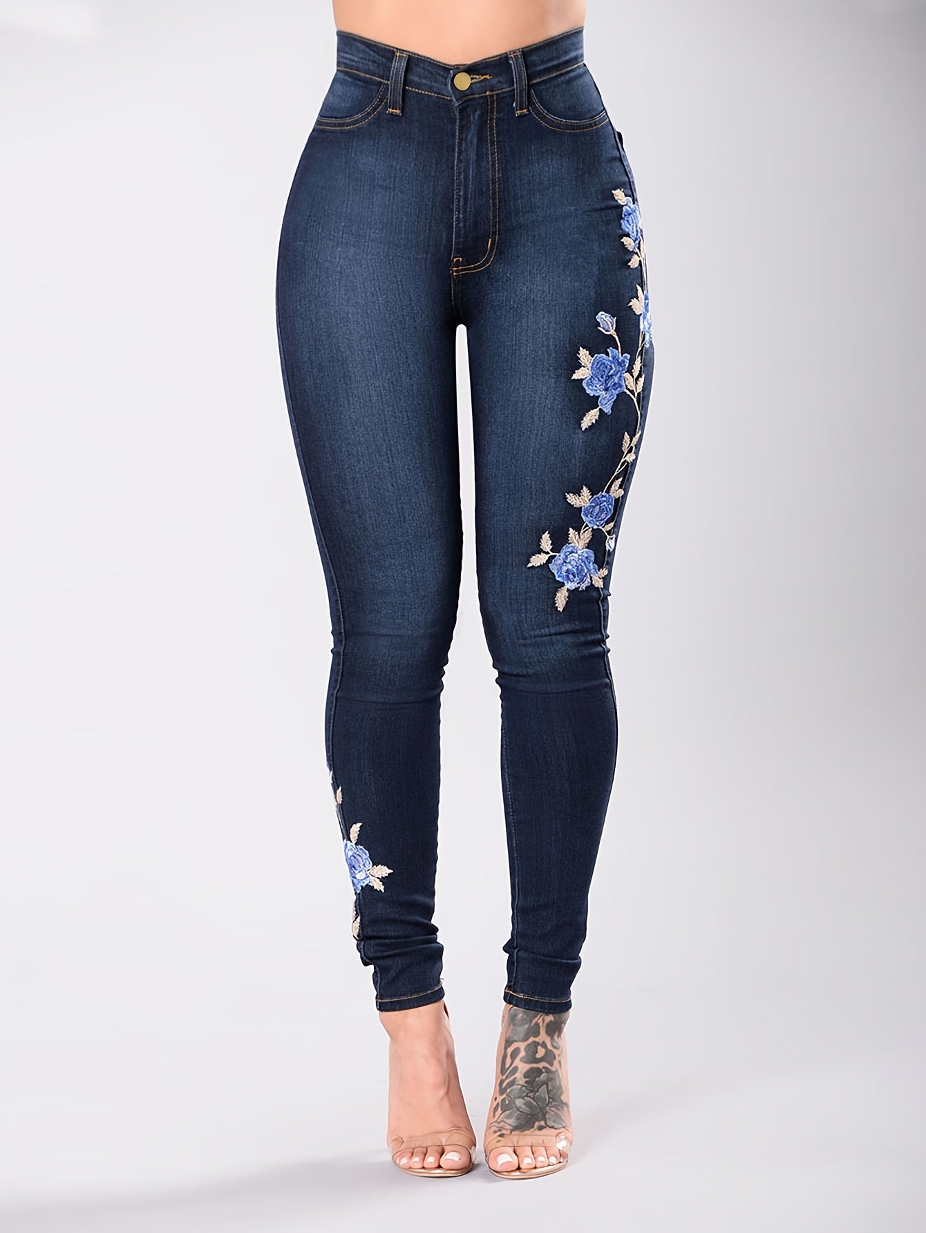 Women'S High-Waisted Skinny Jeans - Stretchy Non-See-Through Pants with Low-Rise Fit, All-Season Slim Leg Jeans for Everyday & Formal Outfits - Elegant Vintage Floral Jeans for Women, Ladies Jeans, Office Wear, Detailed Embroidery, Stylish Bottoms, Durab