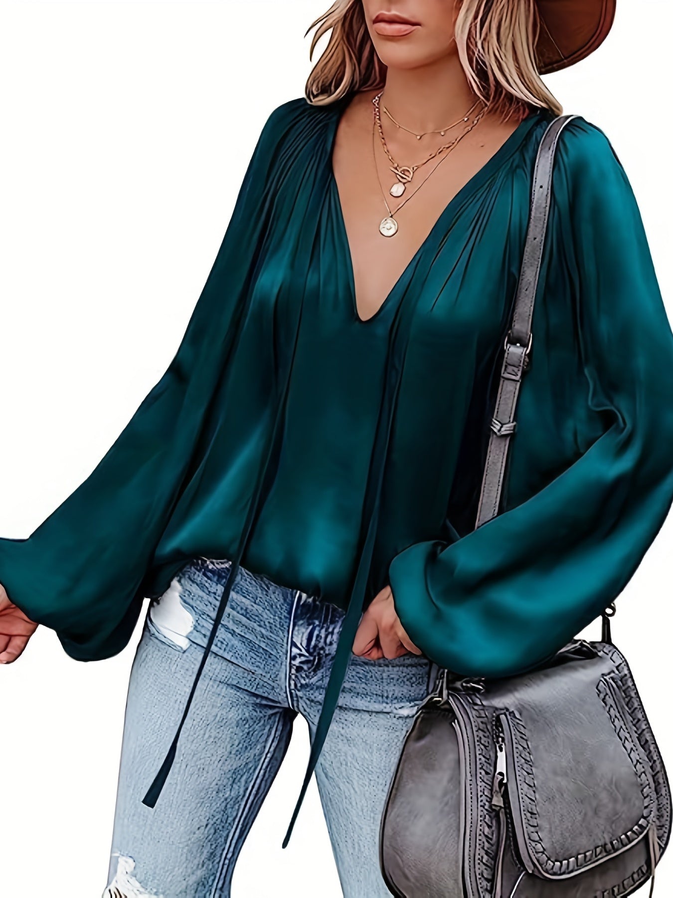 Women's Elegant Red Formal & casual long sleeve blouse - V-Neck Blouse, Machine Washable Non-Transparent Top for Office, Party, Everyday Outfits - All-Season Women's Clothing