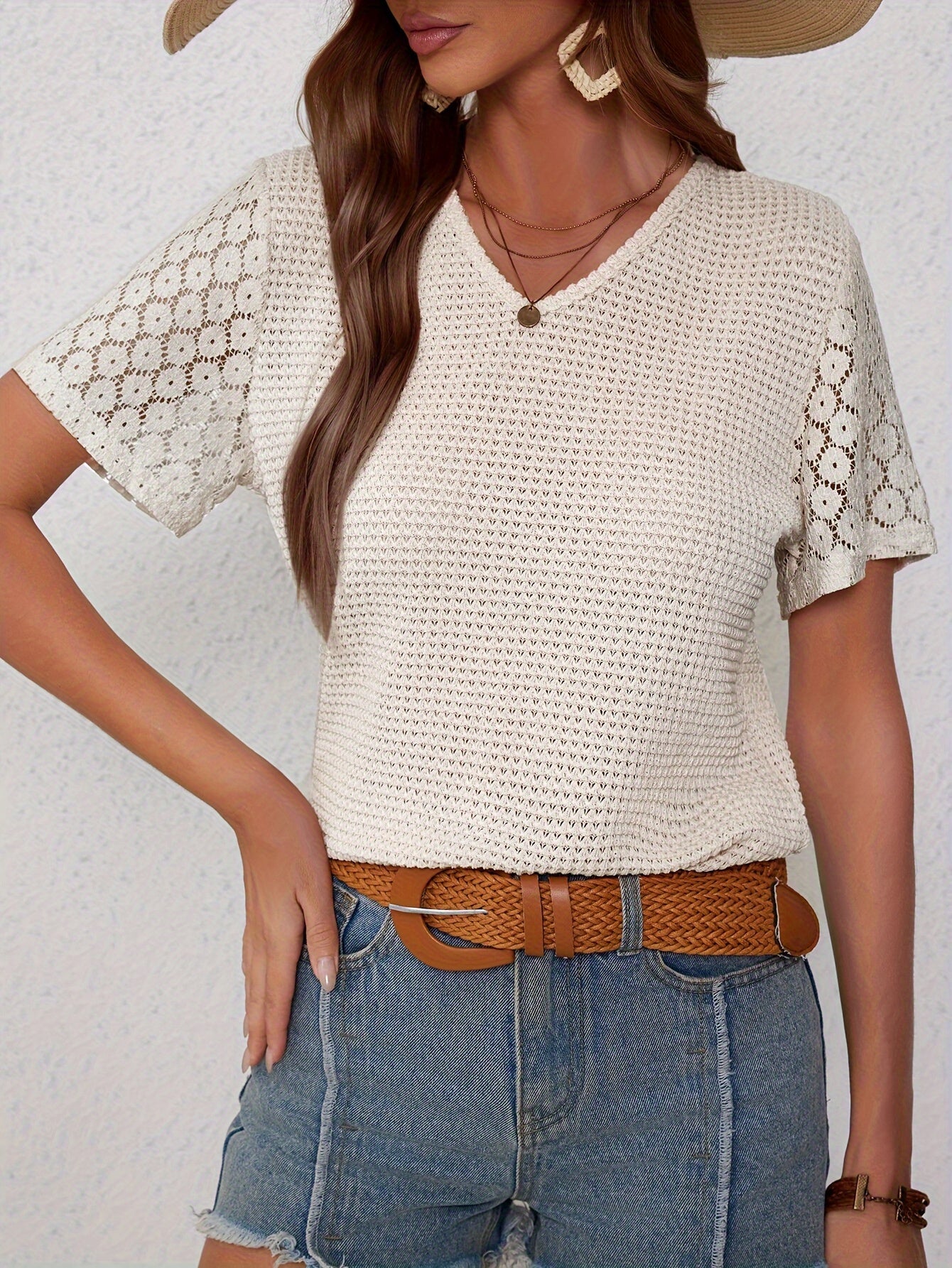 Contrast Lace Hollow Out T-shirt, Elegant Short Sleeve V Neck T-shirt For Spring & Summer, Women's Clothing