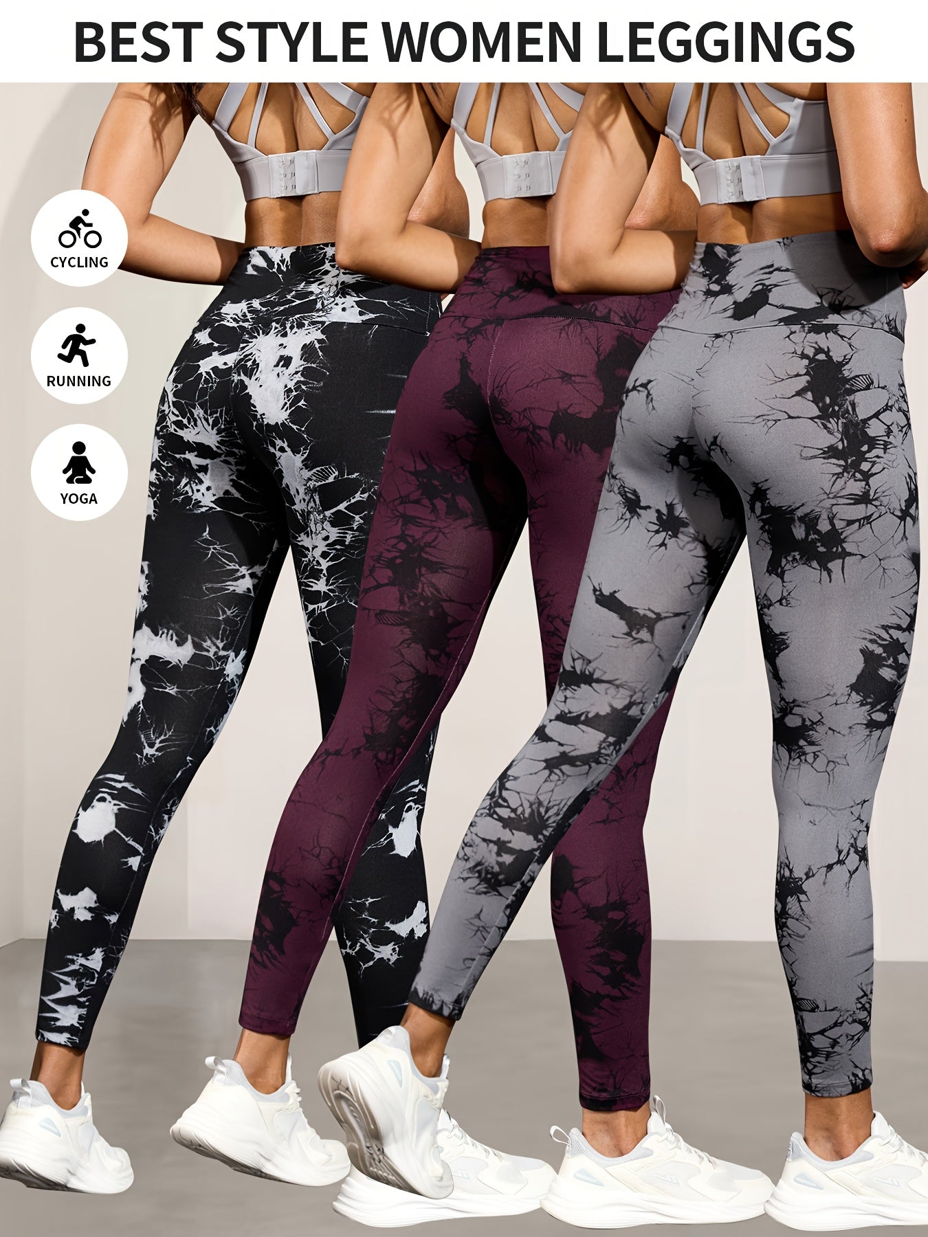 3 Pak Kvinder Højt Talje Tie Dye Træningsleggings Bløde