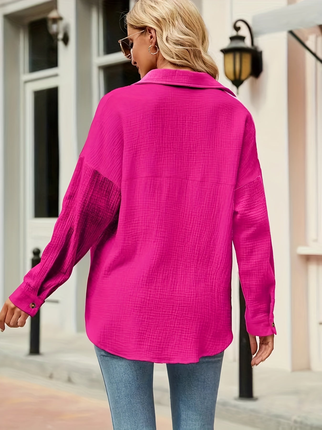 Women'S Casual V-Neck Long Sleeve Button- Shirt, 100% Polyester, All-Season, Regular Length, Slight Stretch, Solid Color, Woven Fabric, 120g/m² - Perfect for Weekend Casual Wear