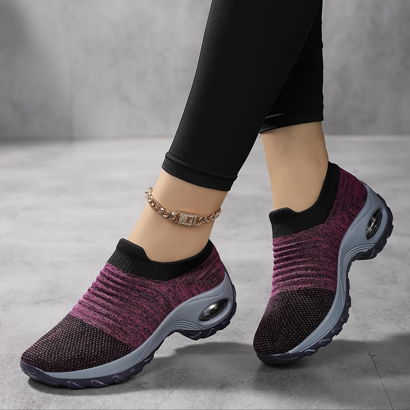 Women's Air Cushion Mesh Fashion Platform Sneakers, Textured Knit Slip-on Casual Walking Shoes