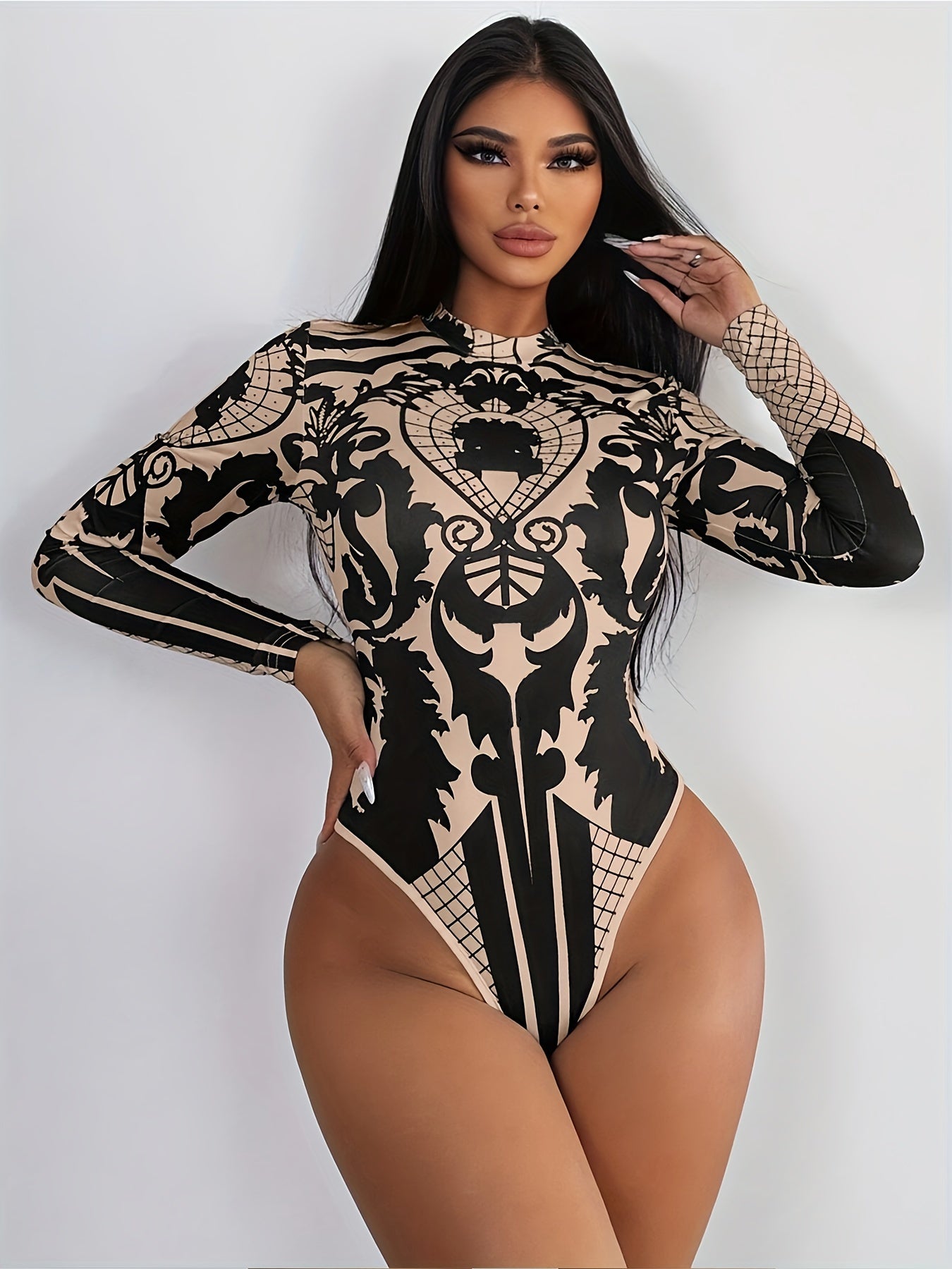 Women's Retro Geometric Print High Neck Long Sleeve Bodysuit - Stretchy Fitted All-Season Machine Washable Black & Beige Patterned Jumpsuit for Casual & Formal Wear, Formal Attire, Unique Fashion, Sophisticated Texture