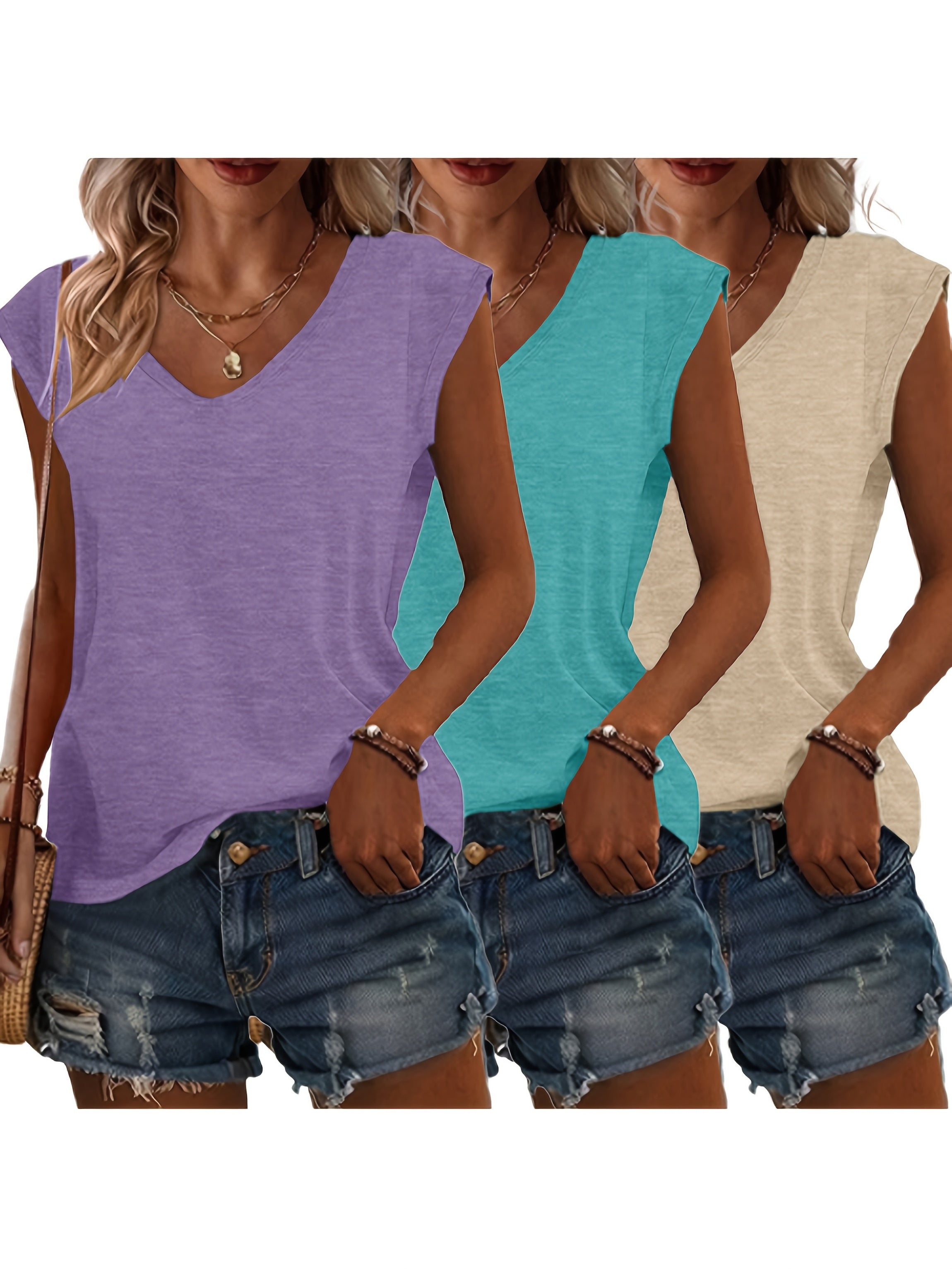 3pcs Spring/Summer New Solid Color No-Print V Neck Loose Casual Tops, Comfortable Fashion Machine Wash - Suitable for Daily and Home Use