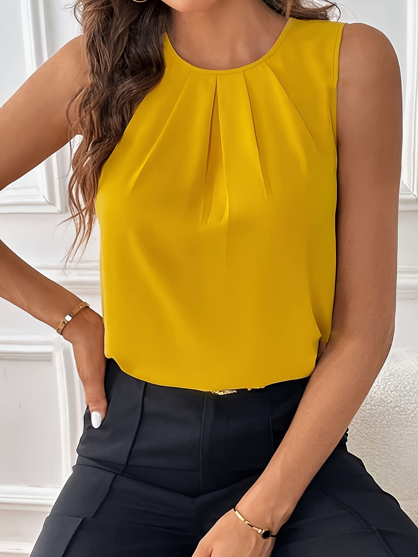 Solid Color Crew Neck Tuck Blouse, Casual Sleeveless Blouse For Spring & Summer, Women's Clothing