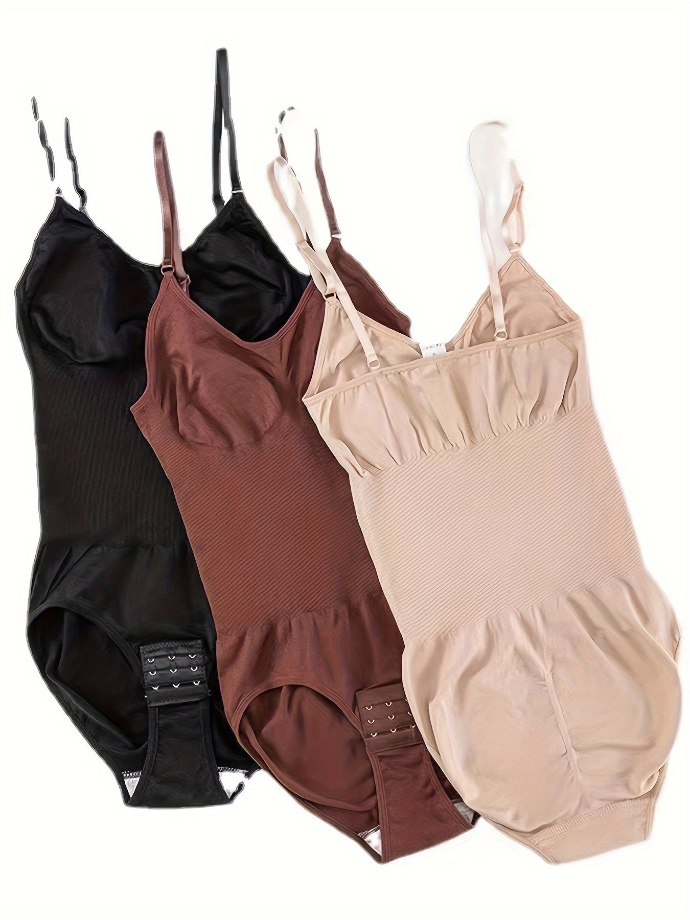3pcs Seamless Shapewear for Women, Tummy Control and Butt Lifting Bodysuit with Hook Closure, Stretchy Nylon and Elastane Blend, Solid Color
