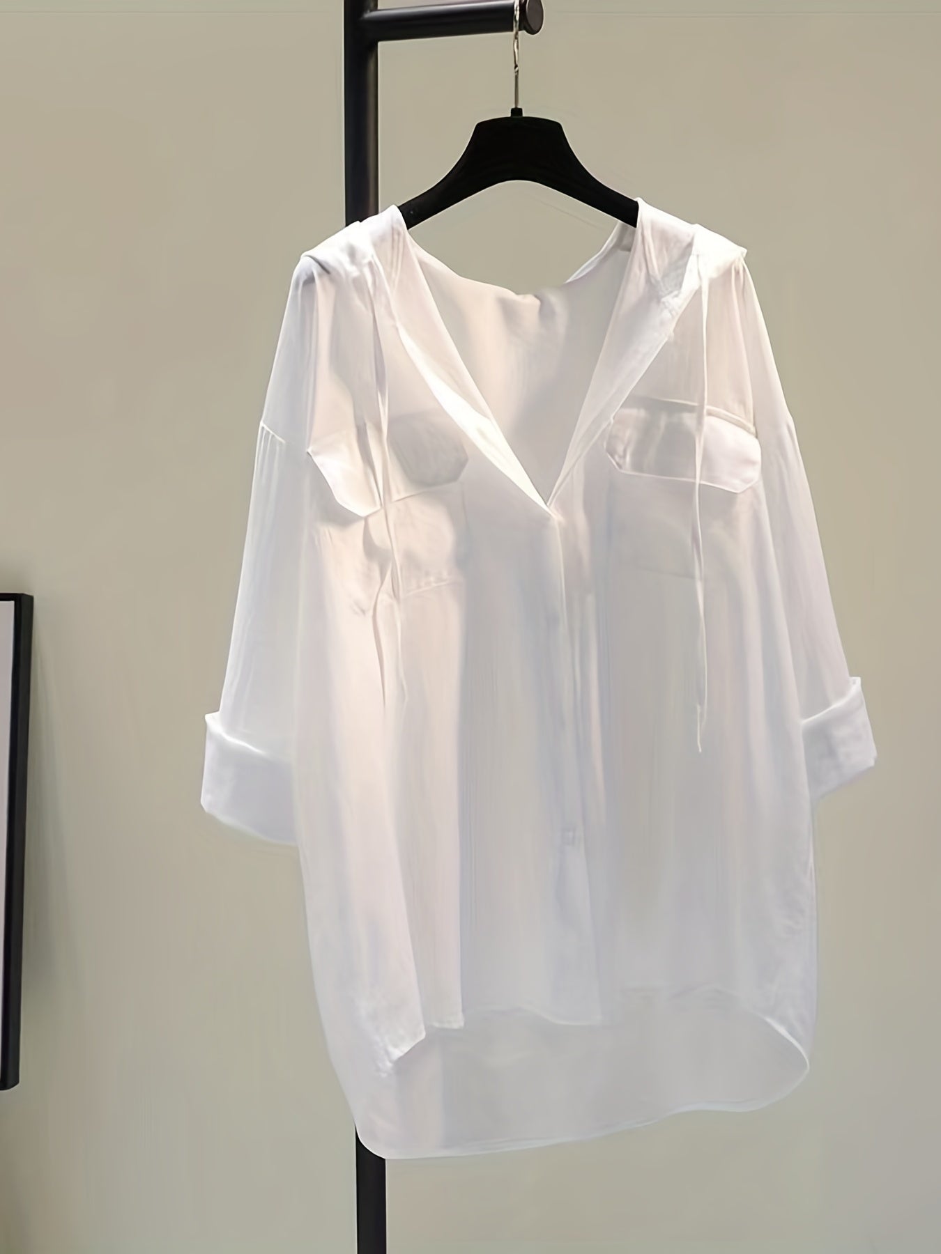 Solid Pocket Button Hooded Blouse, Casual Drawstring Blouse For Spring & Summer, Women's Clothing