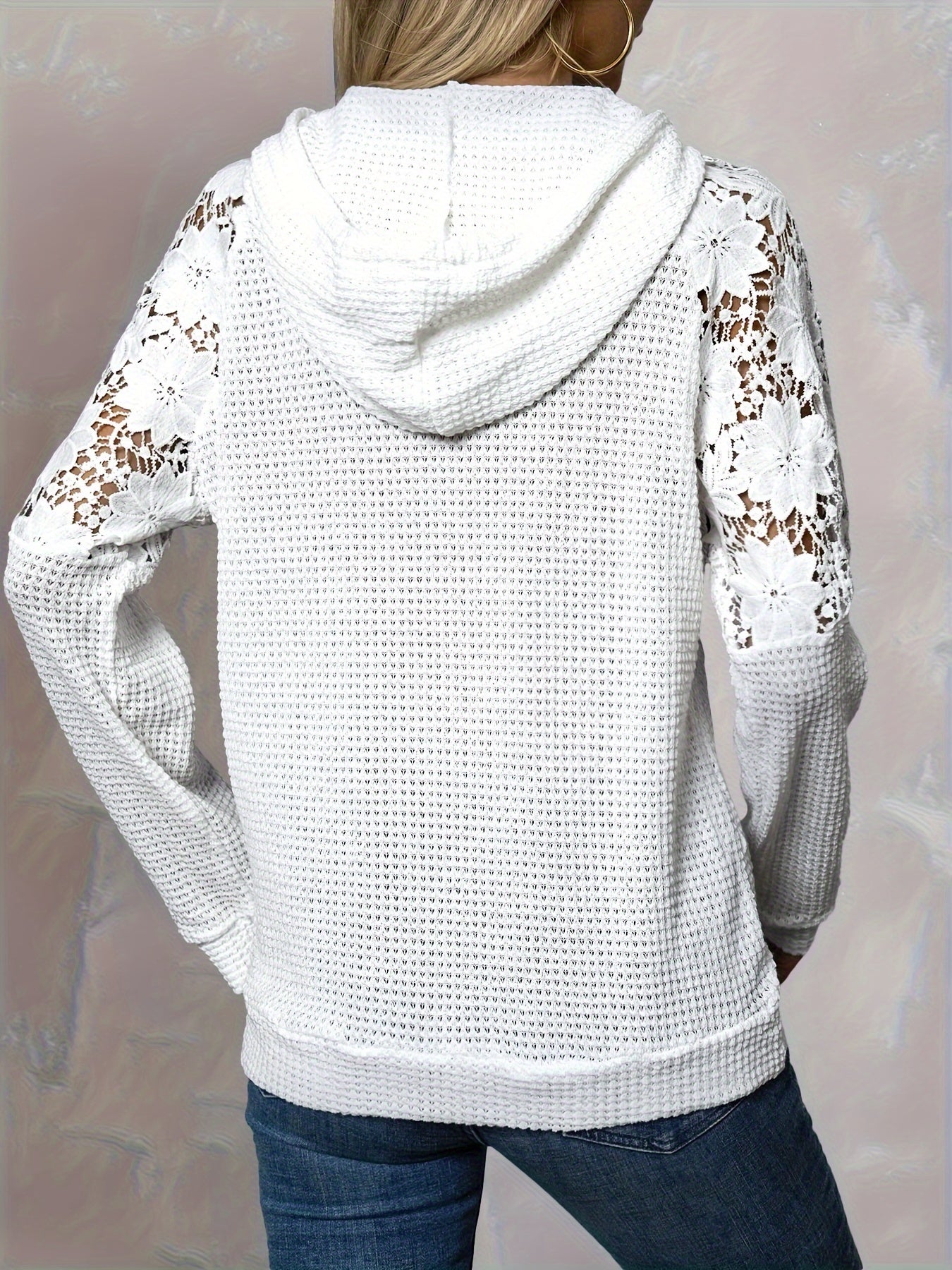 Women's Casual Hooded Lace Contrast Raglan Sleeve Pullover - Semi-Sheer Top with Front Pocket, Machine Washable & All-Season Comfort, Long Sleeve Lace Top, Comfortable Hoodie, Fashionforward Hoodie, Stretchy Fabric, Clothing Essential, Trendy Hoodie, Sof