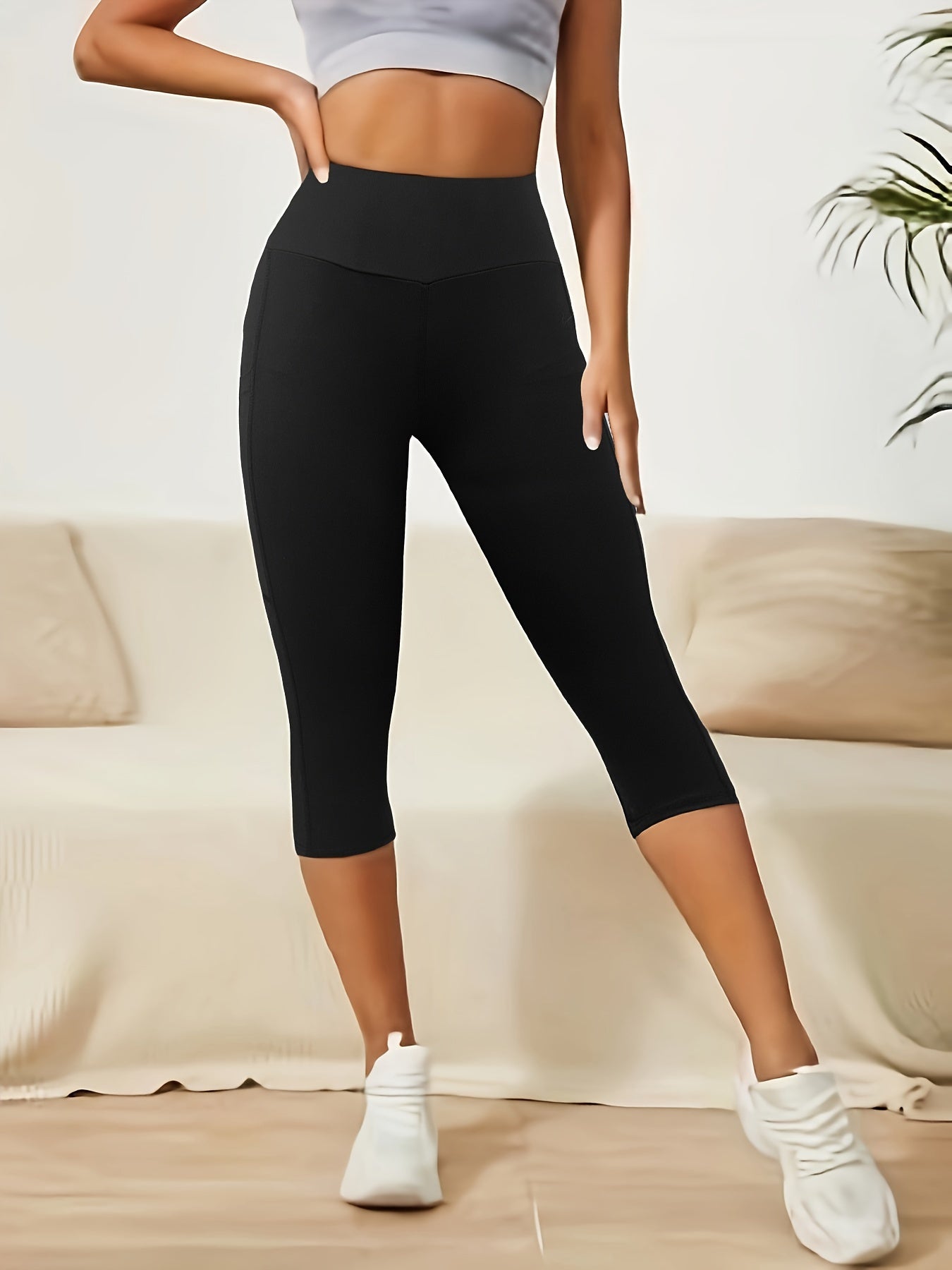 Women's High-Elasticity Solid Color Yoga Capri Pants - 7/8 Length, Machine Washable, Non-See-Through for Yoga, Running, Gym & Casual Wear - Spring/Summer/Fall Workout Leggings, Yoga Pants, Seasonal Activewear, Versatile Activewear, Comfortable Fit, Nontr