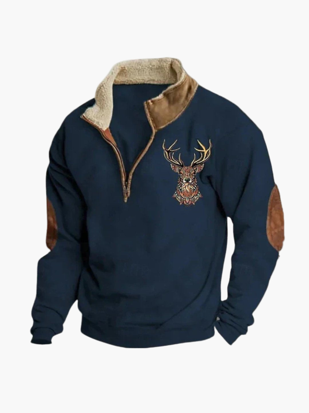 Sweatshirt med kvart lynlås og broderet hjort til mænd - fritid og varme